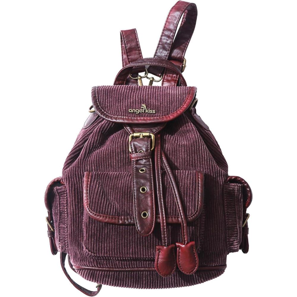 imageAngel Kiss Small Corduroy Backpack Purse for Women 3in1 Convertible Shoulder Bag with Detachable Straps Vintage MultiPocket Mini Daypack with Vegan Leather Trim for Travel amp EverydayWine