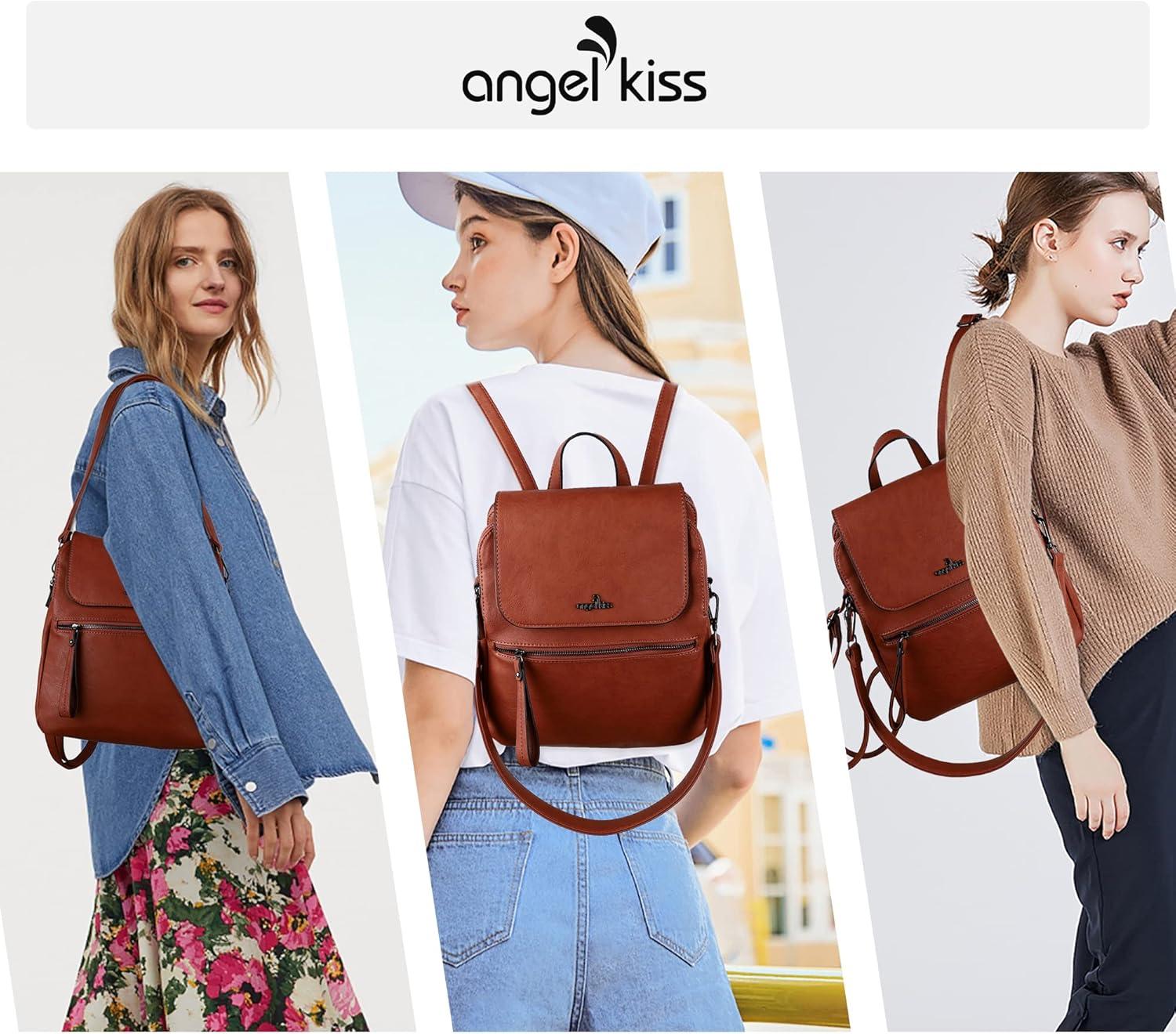 imageAngel Kiss Backpack Purse for Women Casual Fashion Vegan Leather Shoulder Bag Ladies Zipper Magnetic Flap Backpack Purse Casual Fashion Ladies Zipper
