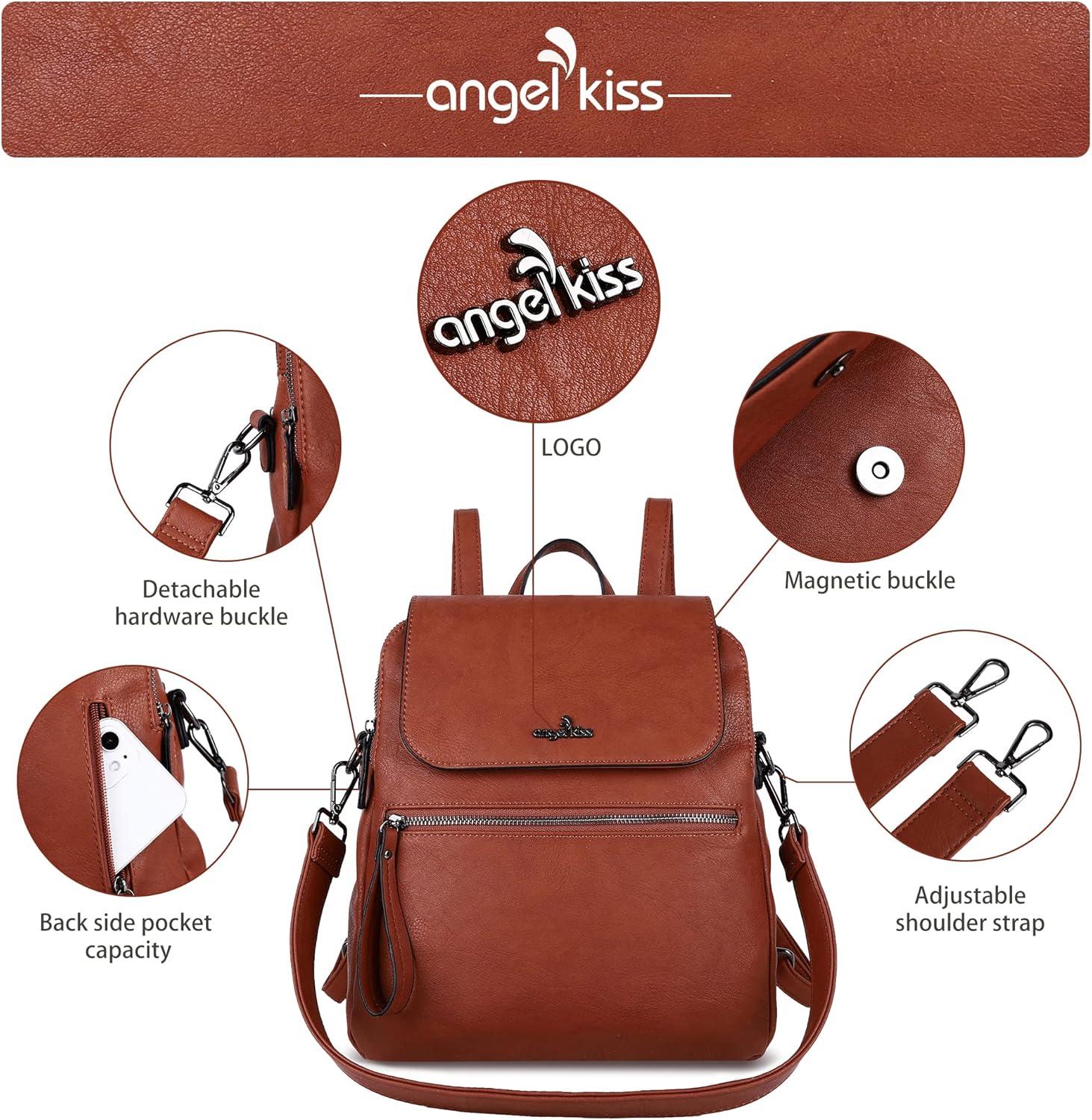 imageAngel Kiss Backpack Purse for Women Casual Fashion Vegan Leather Shoulder Bag Ladies Zipper Magnetic Flap Backpack Purse Casual Fashion Ladies Zipper