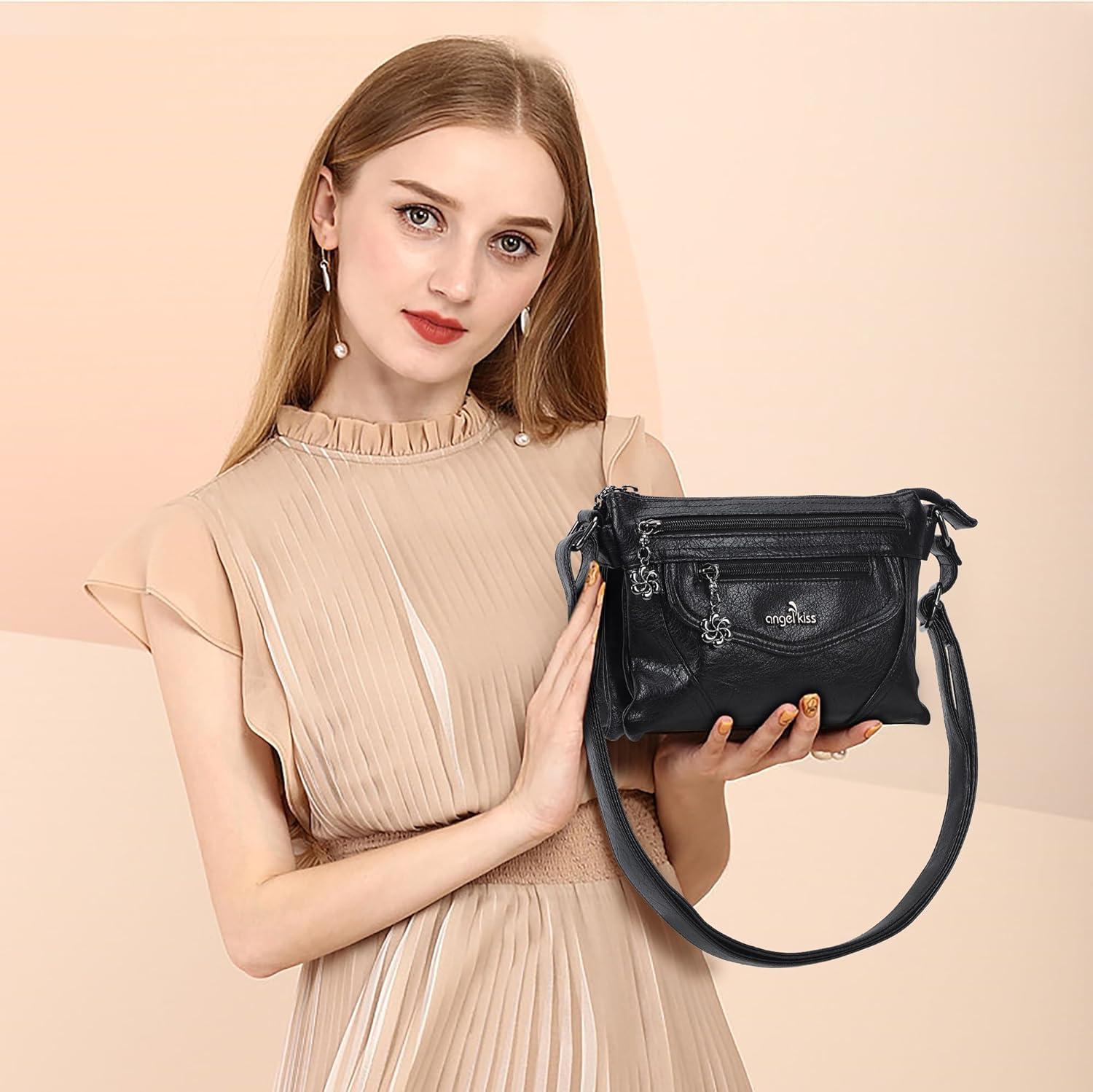 imageAngel Kiss Small Crossbody Bags for Women MultiPocket Vegan Leather Purses Lightweight Shoulder Bag with Adjustable StrapBlack
