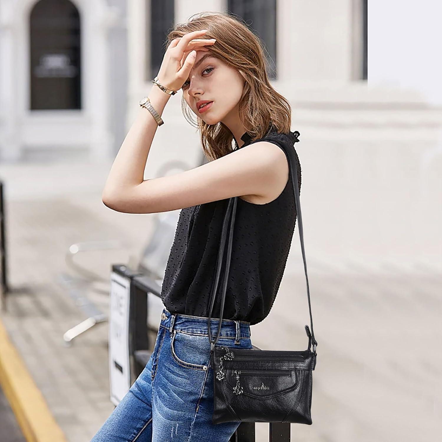 imageAngel Kiss Small Crossbody Bags for Women MultiPocket Vegan Leather Purses Lightweight Shoulder Bag with Adjustable StrapBlack