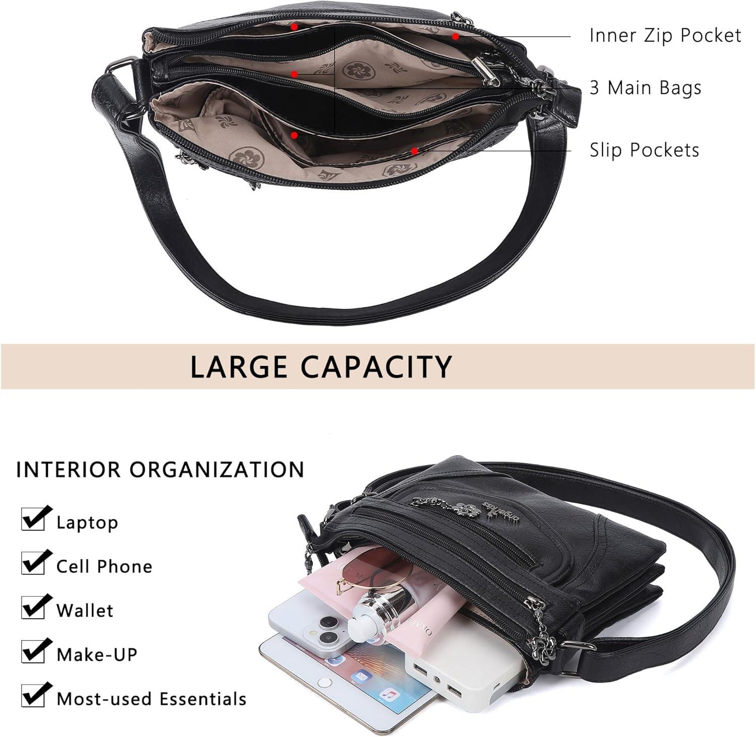 imageAngel Kiss Small Crossbody Bags for Women MultiPocket Vegan Leather Purses Lightweight Shoulder Bag with Adjustable StrapBlack