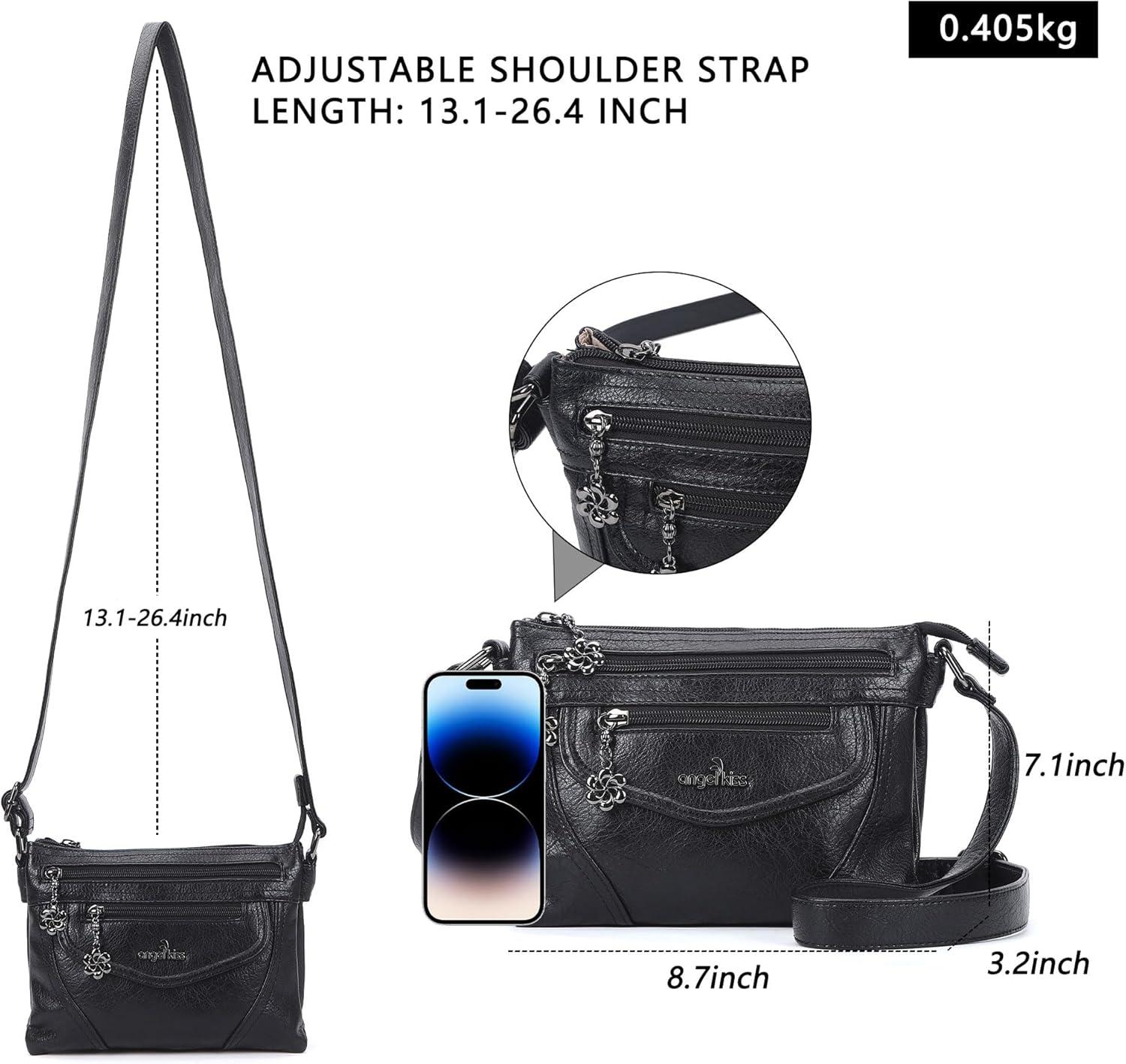 imageAngel Kiss Small Crossbody Bags for Women MultiPocket Vegan Leather Purses Lightweight Shoulder Bag with Adjustable StrapBlack