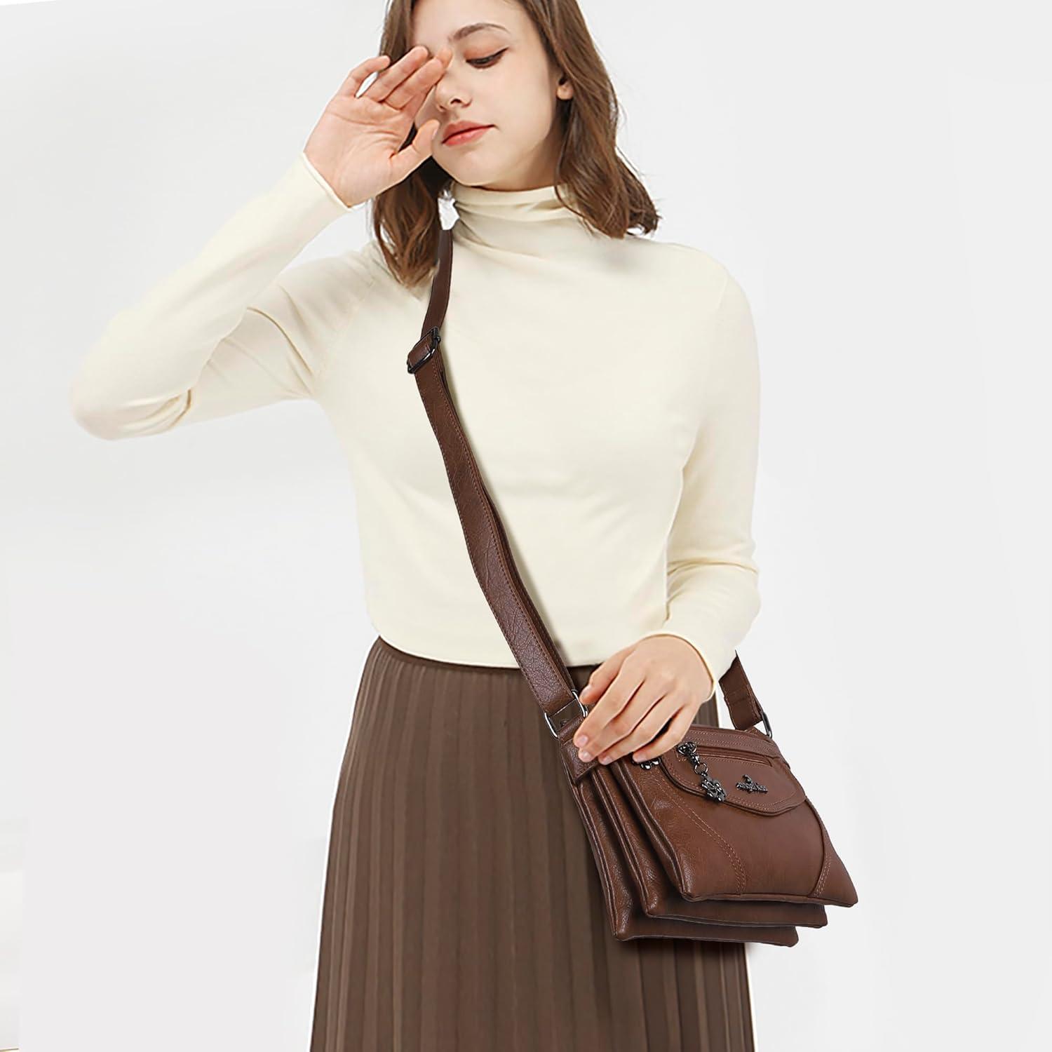 imageAngel Kiss Small Crossbody Bags for Women MultiPocket Vegan Leather Purses Lightweight Shoulder Bag with Adjustable StrapBrown