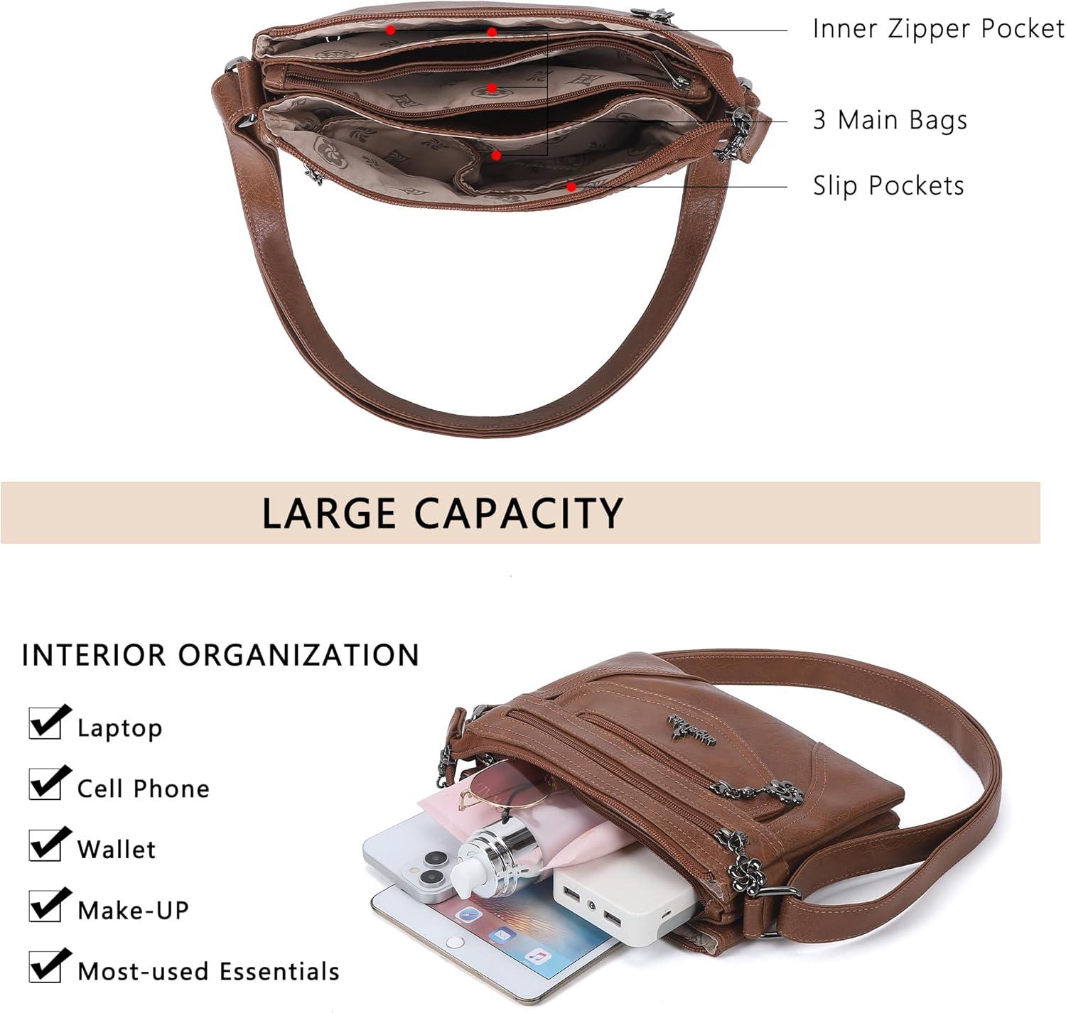 imageAngel Kiss Small Crossbody Bags for Women MultiPocket Vegan Leather Purses Lightweight Shoulder Bag with Adjustable StrapBrown