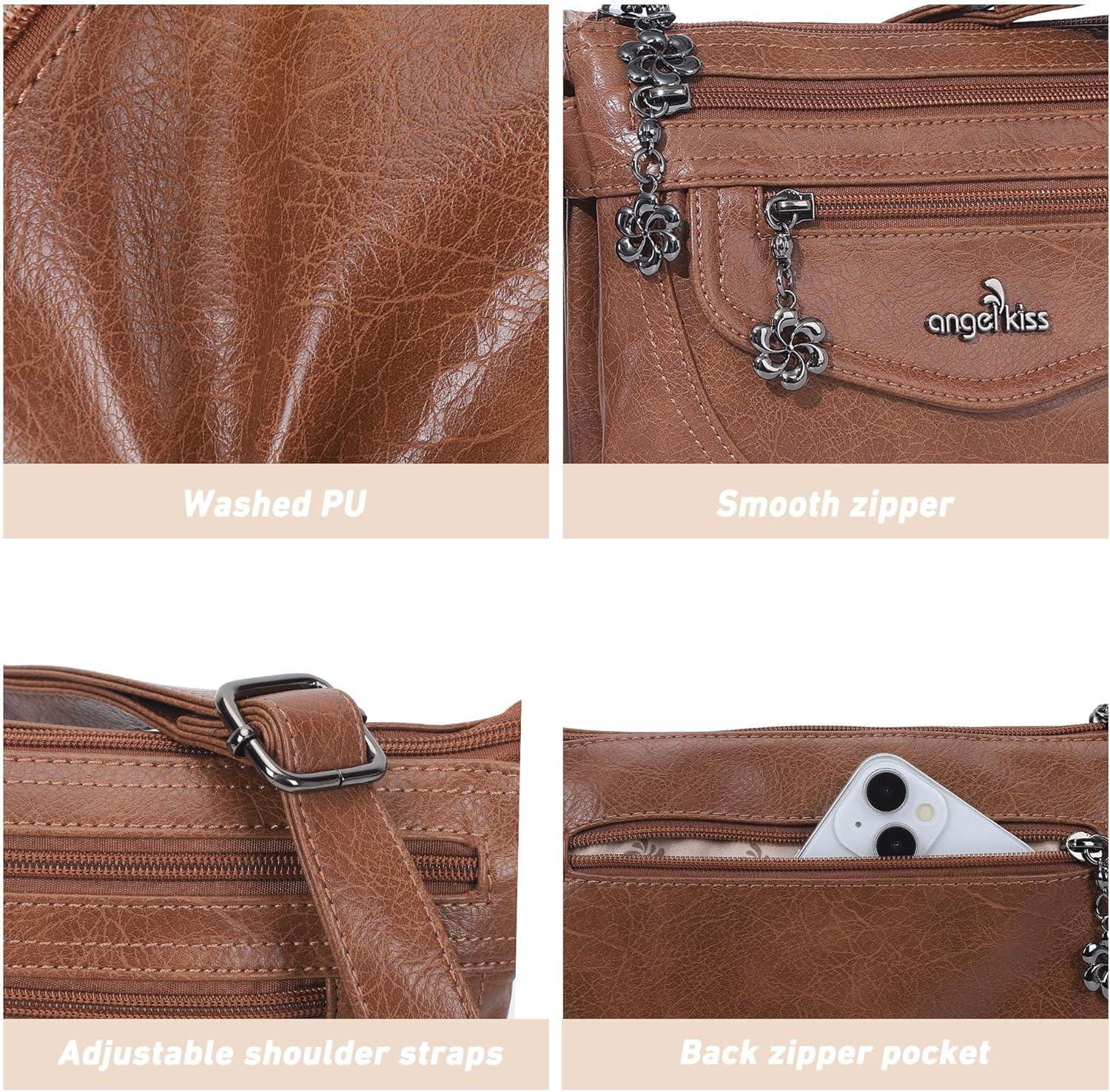 imageAngel Kiss Small Crossbody Bags for Women MultiPocket Vegan Leather Purses Lightweight Shoulder Bag with Adjustable StrapBrown