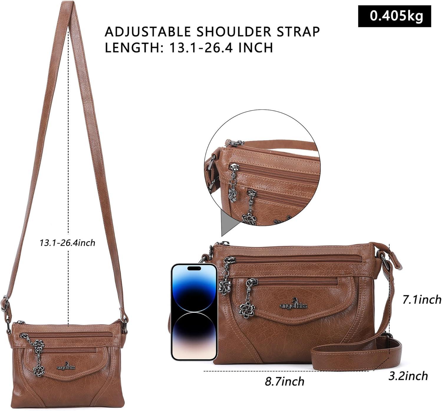 imageAngel Kiss Small Crossbody Bags for Women MultiPocket Vegan Leather Purses Lightweight Shoulder Bag with Adjustable StrapBrown