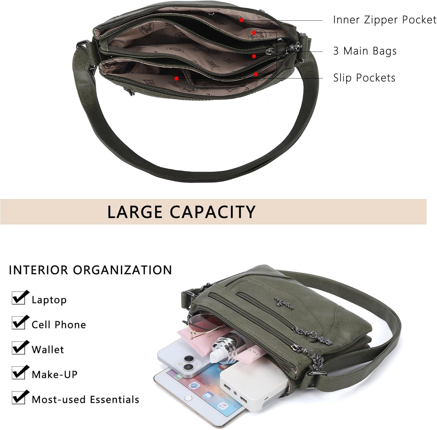 imageAngel Kiss Small Crossbody Bags for Women MultiPocket Vegan Leather Purses Lightweight Shoulder Bag with Adjustable StrapDark Green