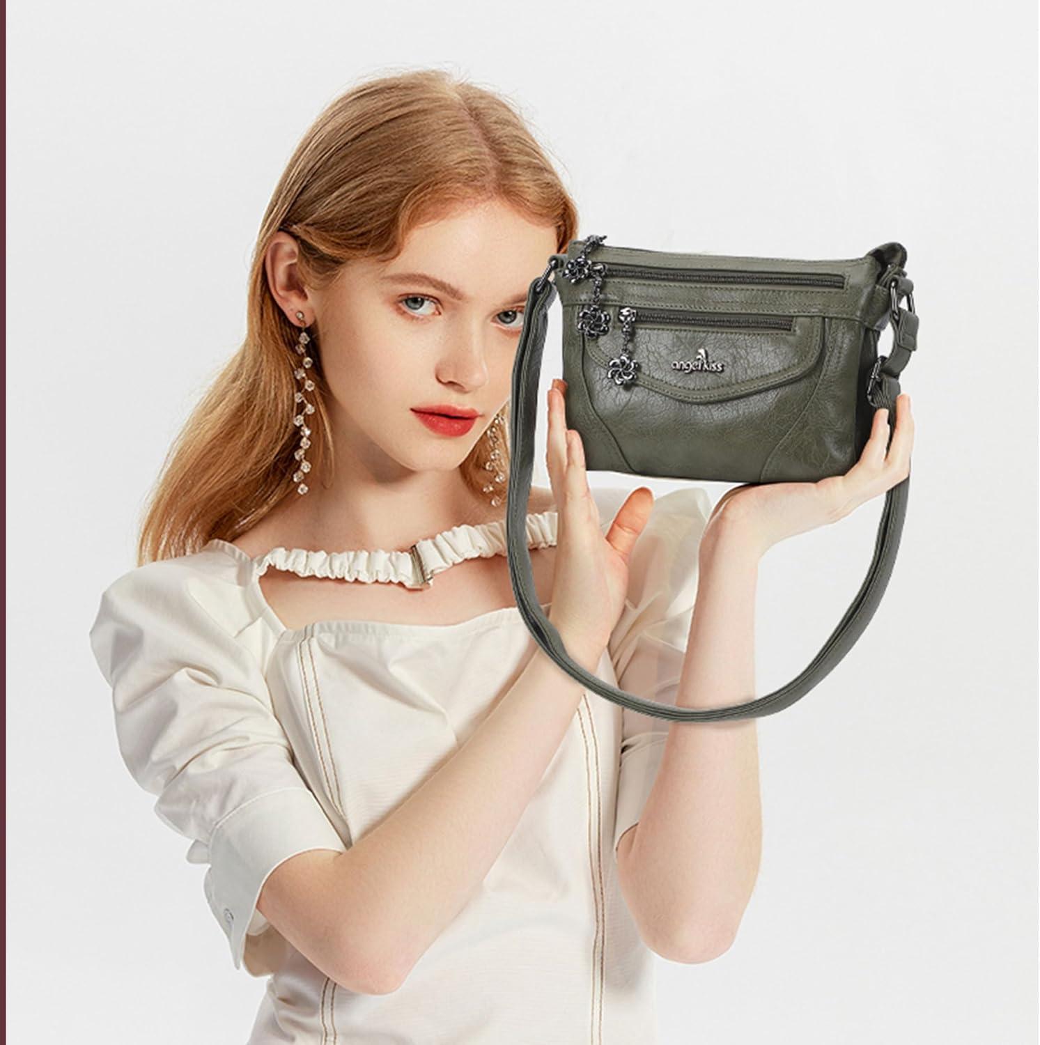 imageAngel Kiss Small Crossbody Bags for Women MultiPocket Vegan Leather Purses Lightweight Shoulder Bag with Adjustable StrapDark Green