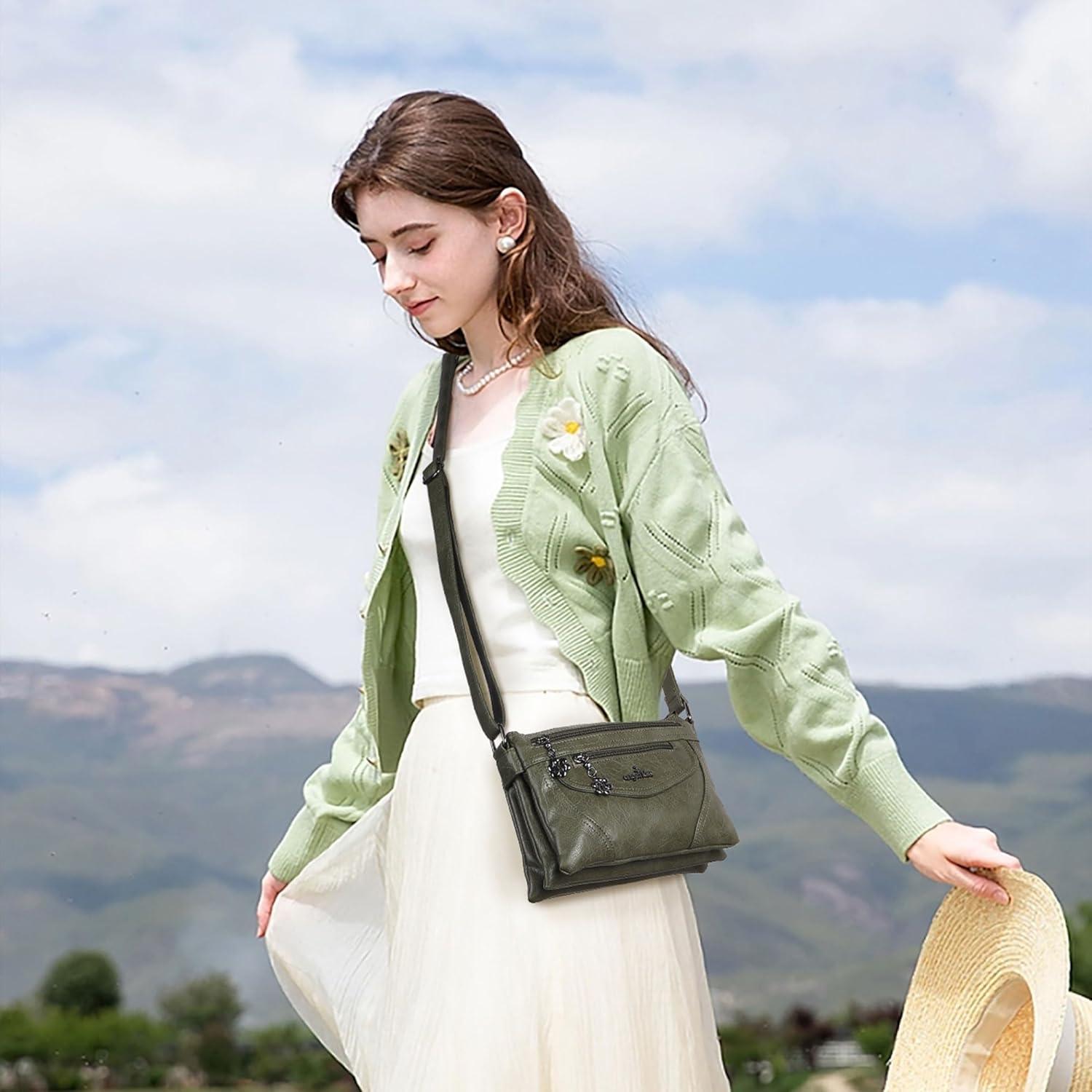 imageAngel Kiss Small Crossbody Bags for Women MultiPocket Vegan Leather Purses Lightweight Shoulder Bag with Adjustable StrapDark Green