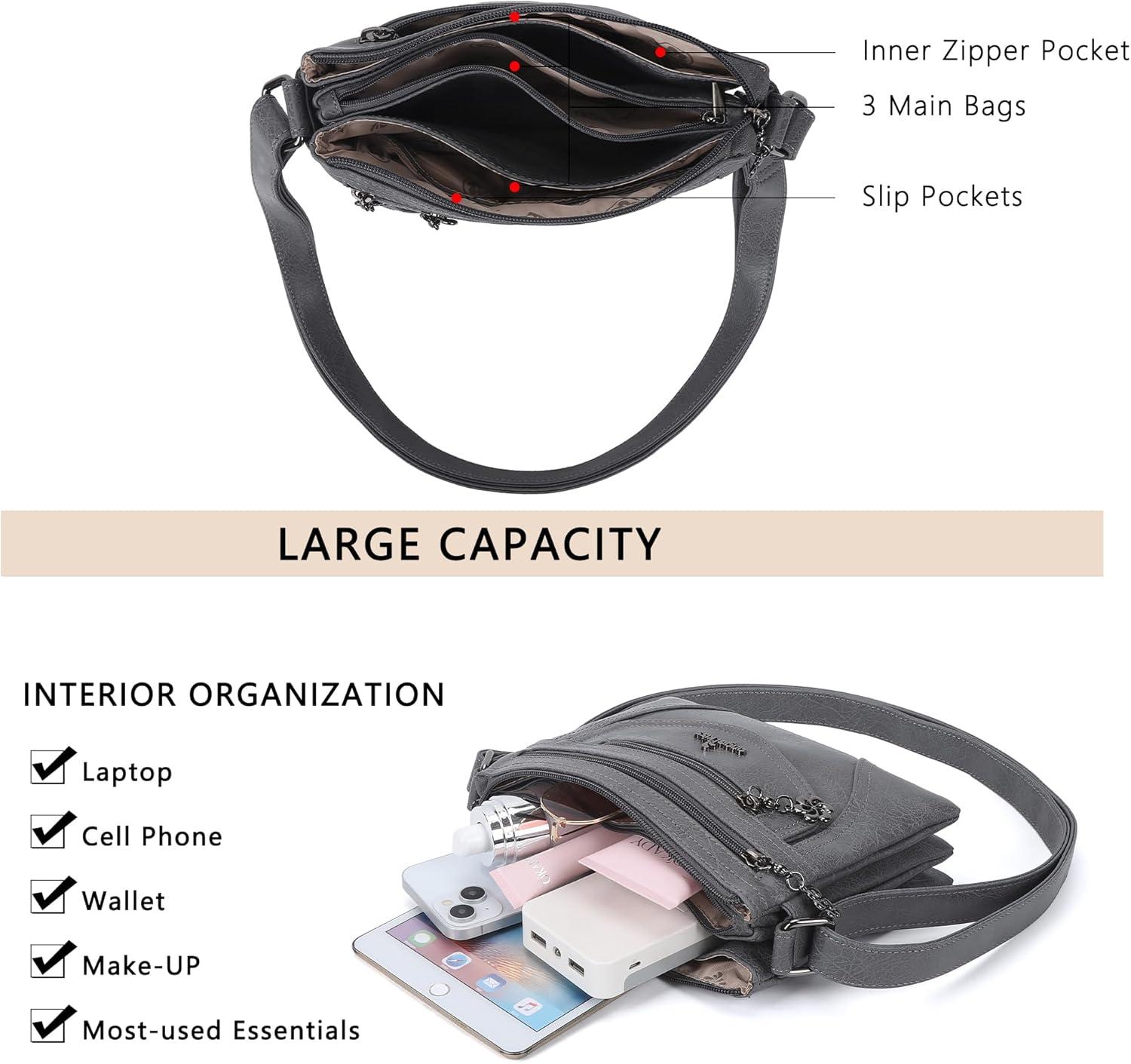 imageAngel Kiss Small Crossbody Bags for Women MultiPocket Vegan Leather Purses Lightweight Shoulder Bag with Adjustable StrapGrey
