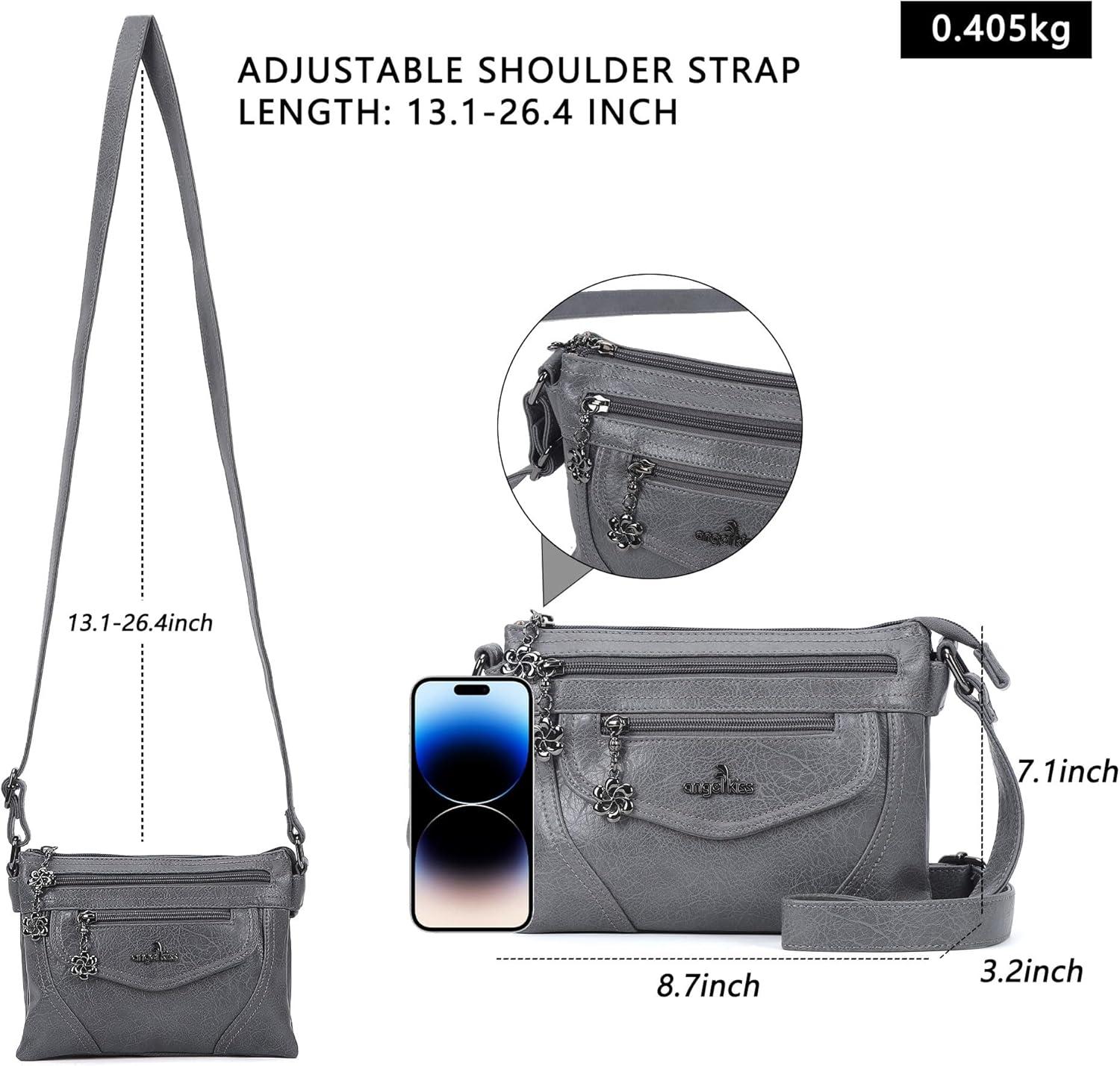 imageAngel Kiss Small Crossbody Bags for Women MultiPocket Vegan Leather Purses Lightweight Shoulder Bag with Adjustable StrapGrey
