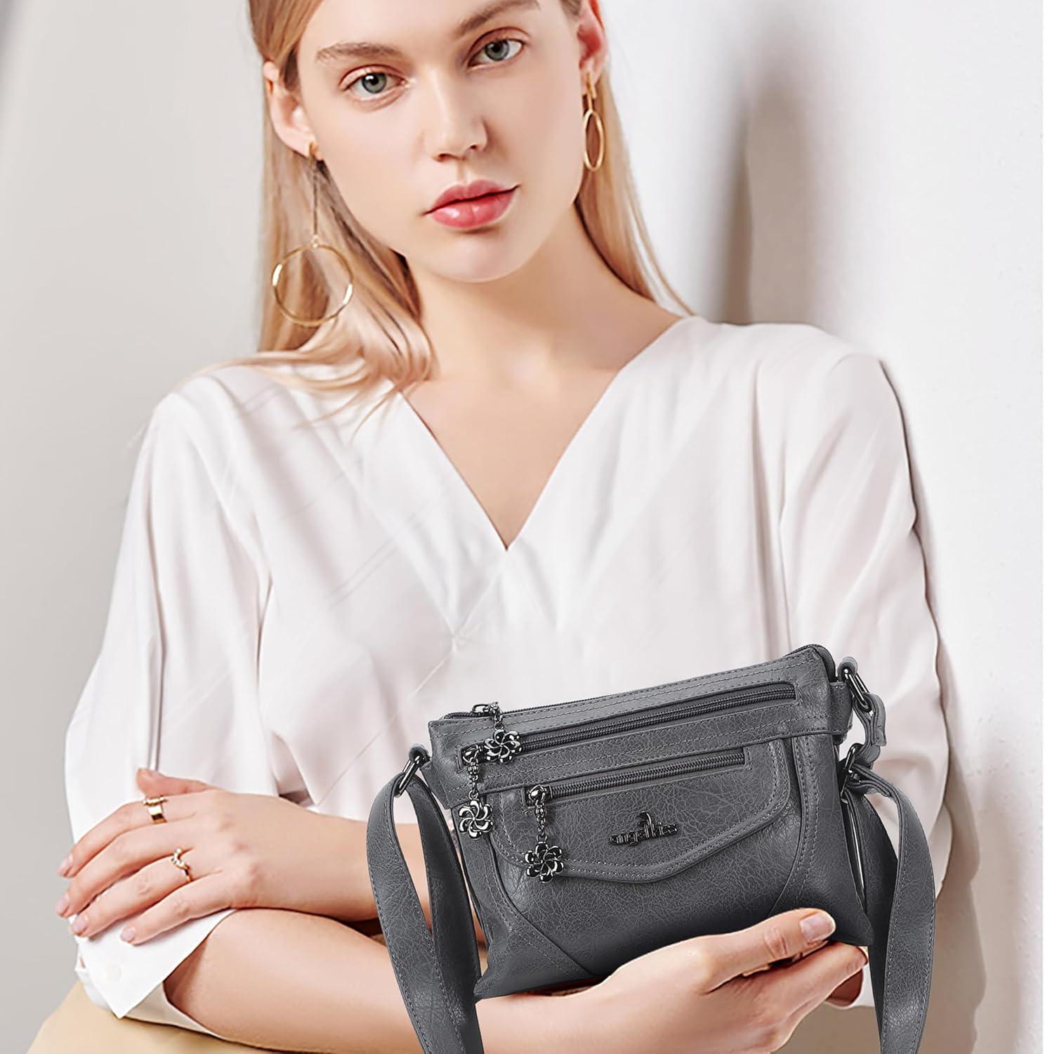 imageAngel Kiss Small Crossbody Bags for Women MultiPocket Vegan Leather Purses Lightweight Shoulder Bag with Adjustable StrapGrey