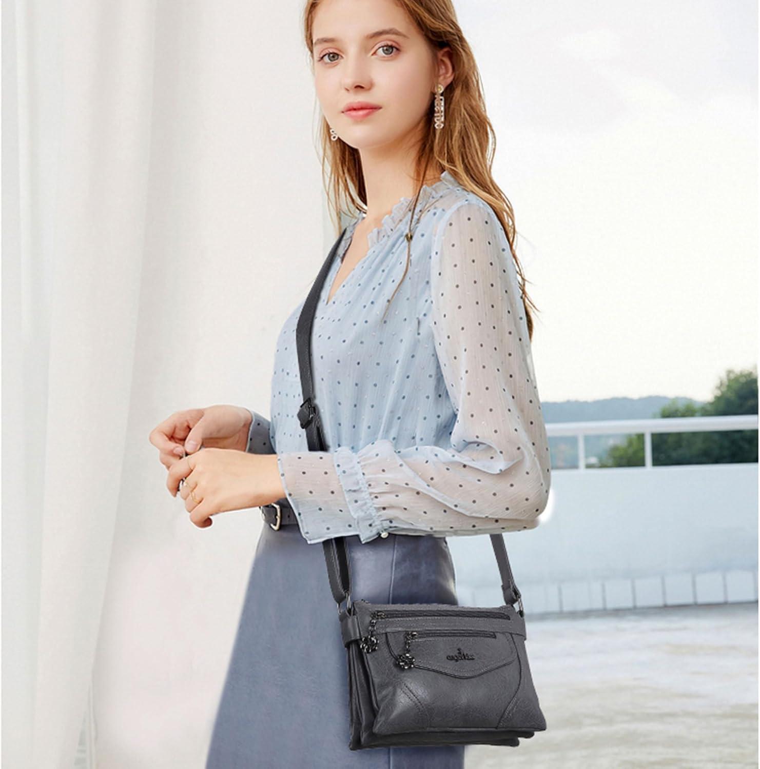 imageAngel Kiss Small Crossbody Bags for Women MultiPocket Vegan Leather Purses Lightweight Shoulder Bag with Adjustable StrapGrey