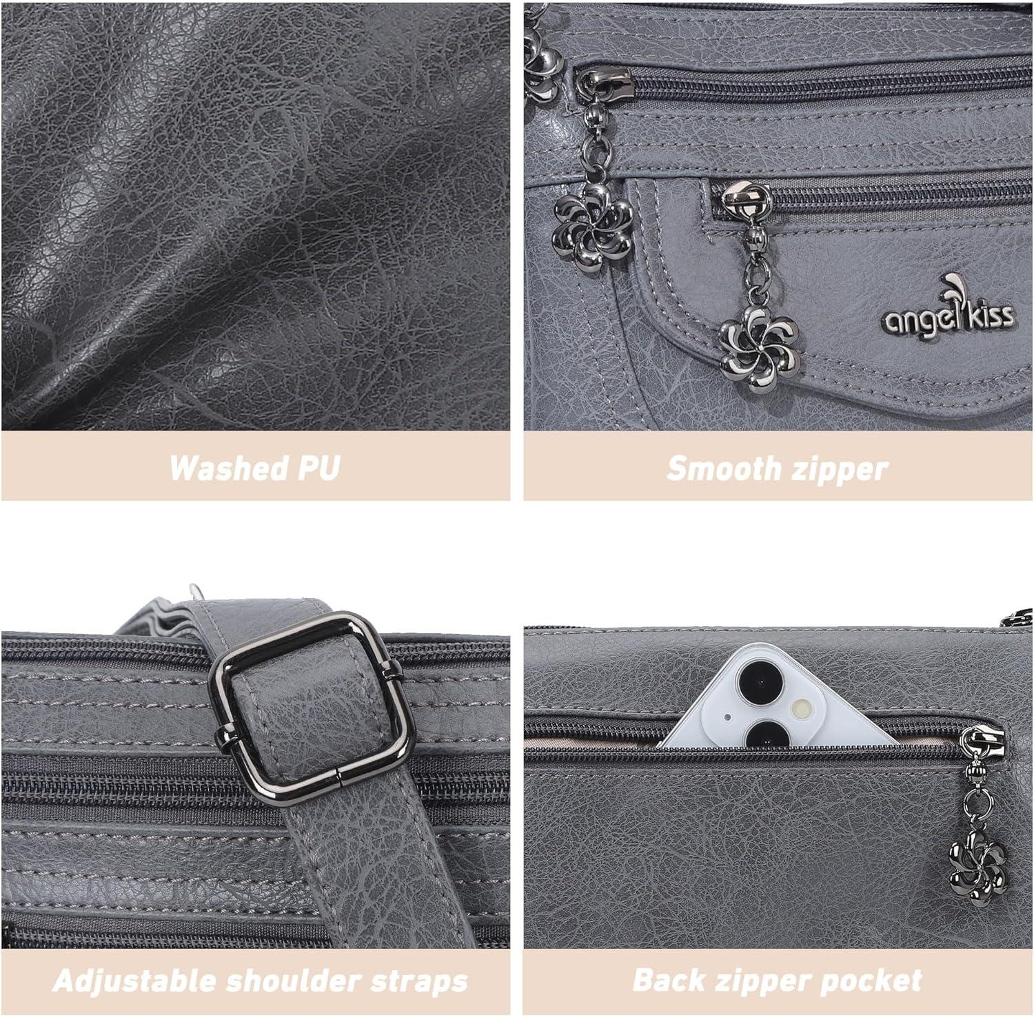 imageAngel Kiss Small Crossbody Bags for Women MultiPocket Vegan Leather Purses Lightweight Shoulder Bag with Adjustable StrapGrey