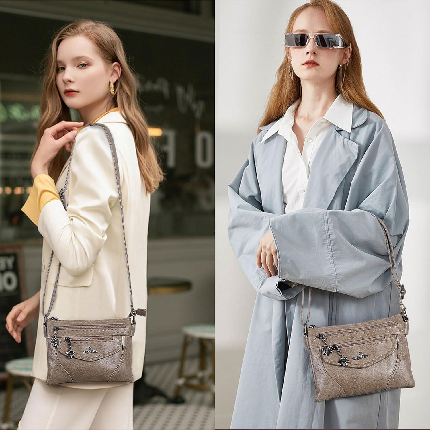 imageAngel Kiss Small Crossbody Bags for Women MultiPocket Vegan Leather Purses Lightweight Shoulder Bag with Adjustable StrapKhaki