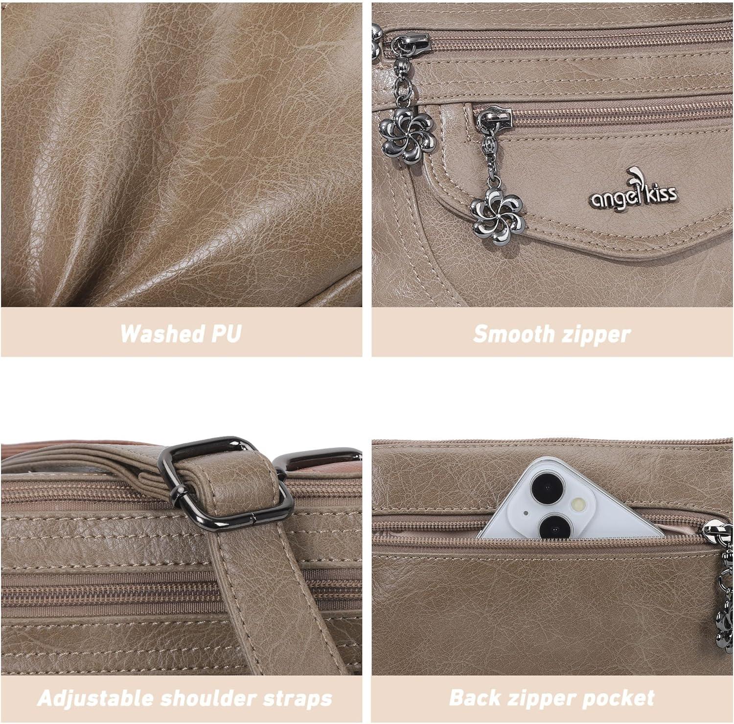 imageAngel Kiss Small Crossbody Bags for Women MultiPocket Vegan Leather Purses Lightweight Shoulder Bag with Adjustable StrapKhaki