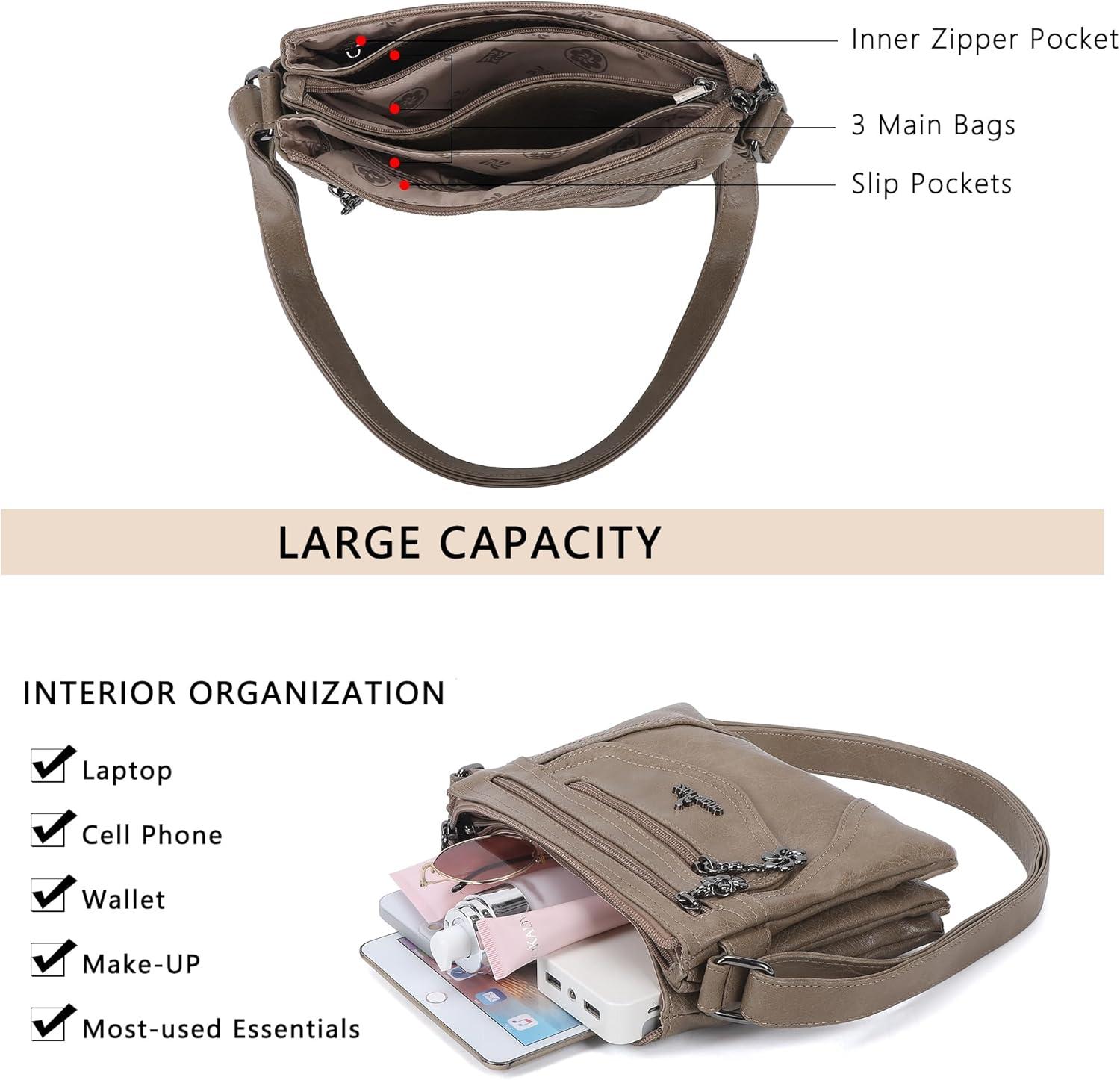 imageAngel Kiss Small Crossbody Bags for Women MultiPocket Vegan Leather Purses Lightweight Shoulder Bag with Adjustable StrapKhaki