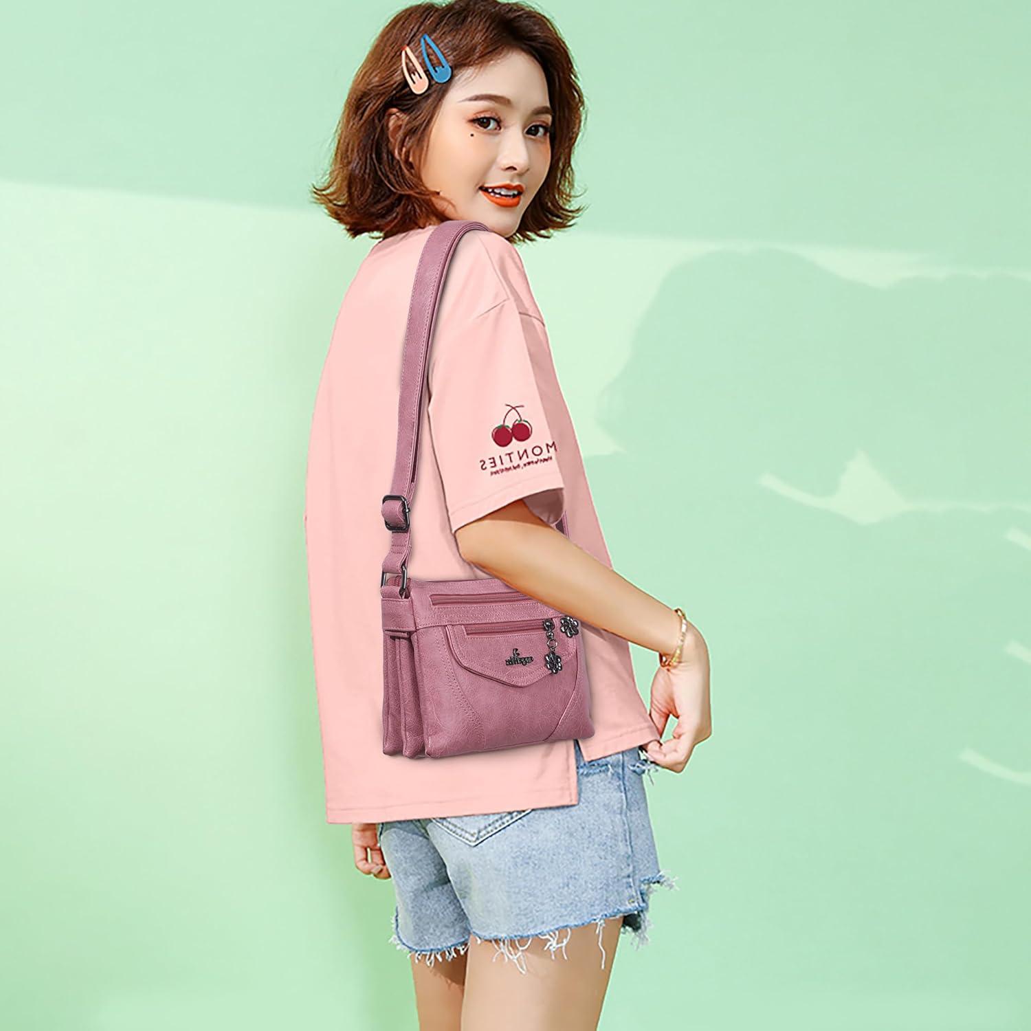 imageAngel Kiss Small Crossbody Bags for Women MultiPocket Vegan Leather Purses Lightweight Shoulder Bag with Adjustable StrapPink