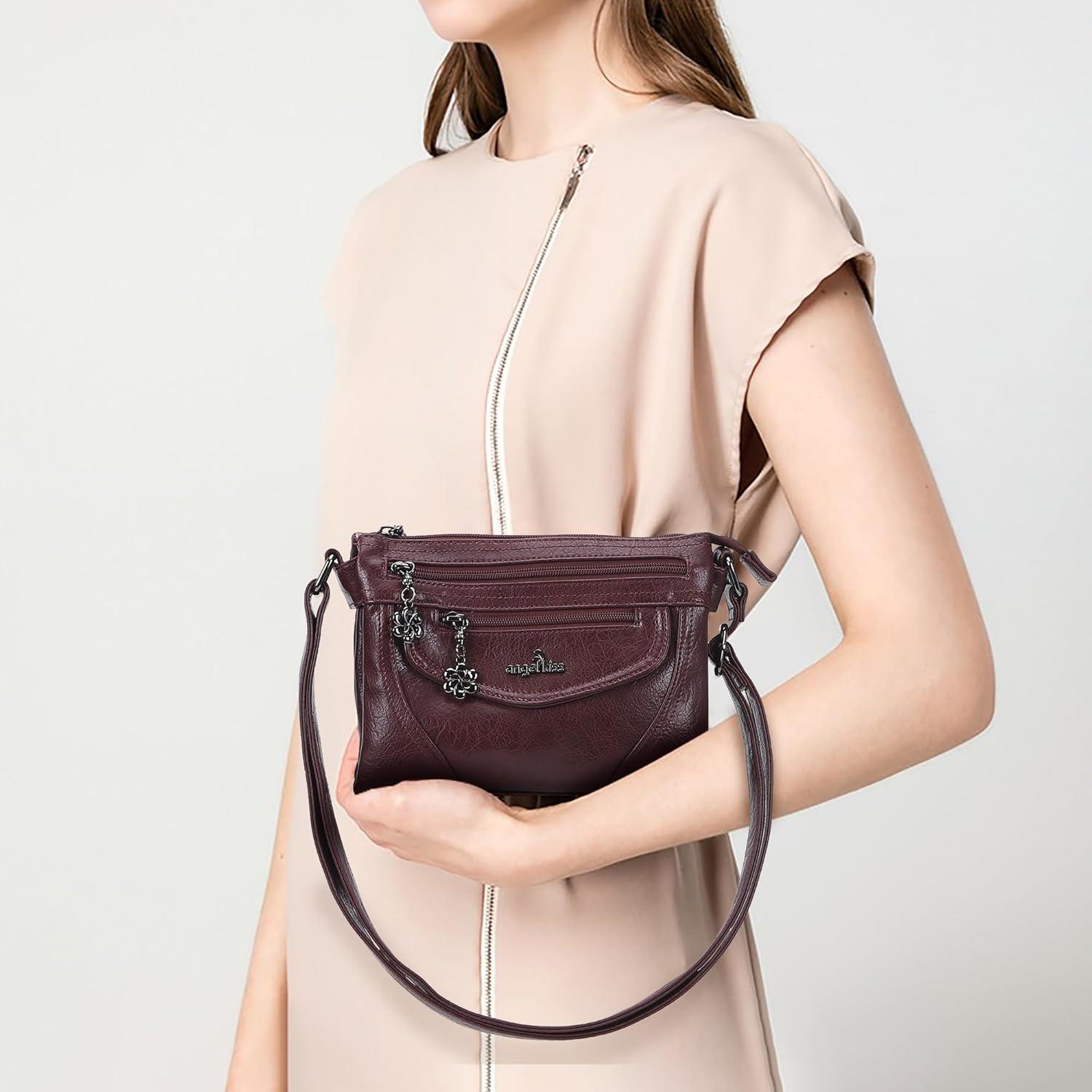imageAngel Kiss Small Crossbody Bags for Women MultiPocket Vegan Leather Purses Lightweight Shoulder Bag with Adjustable StrapWine
