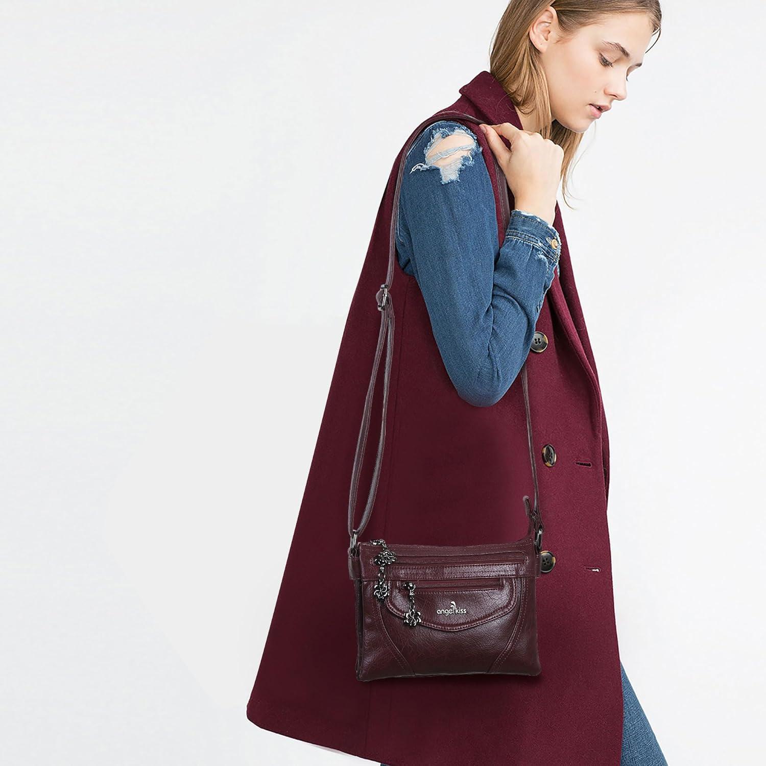 imageAngel Kiss Small Crossbody Bags for Women MultiPocket Vegan Leather Purses Lightweight Shoulder Bag with Adjustable StrapWine
