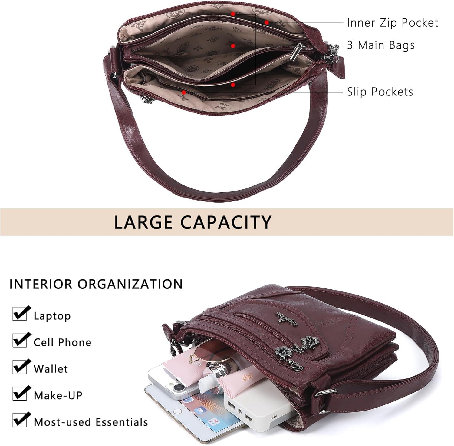 imageAngel Kiss Small Crossbody Bags for Women MultiPocket Vegan Leather Purses Lightweight Shoulder Bag with Adjustable StrapWine