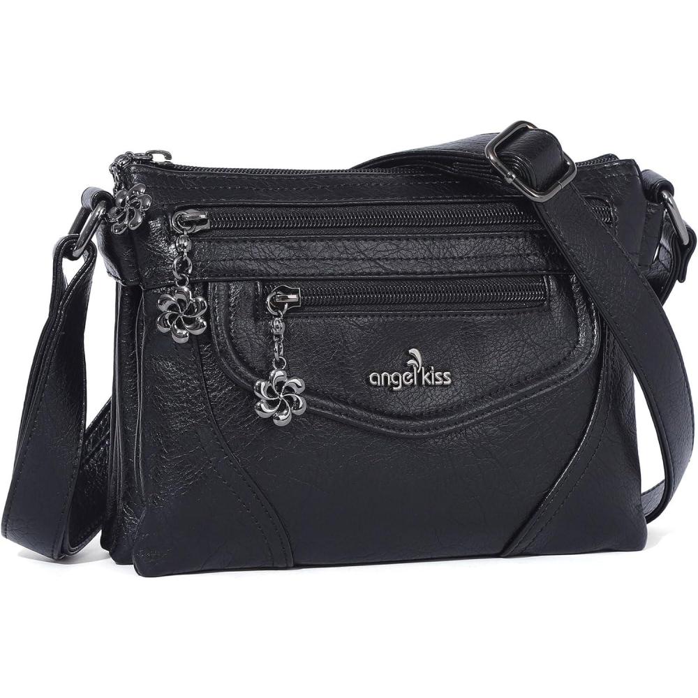 imageAngel Kiss Small Crossbody Bags for Women MultiPocket Vegan Leather Purses Lightweight Shoulder Bag with Adjustable StrapBlack