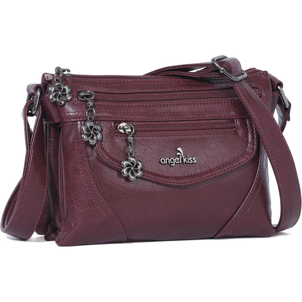 imageAngel Kiss Small Crossbody Bags for Women MultiPocket Vegan Leather Purses Lightweight Shoulder Bag with Adjustable StrapWine