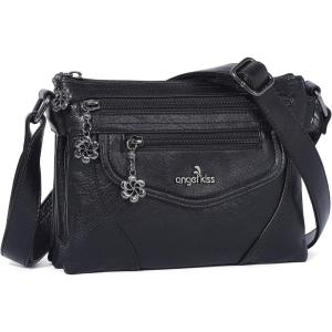 Angel Kiss Small Crossbody Bags for Women, Multi-Pocket Vegan Leather Purses, Lightweight Shoulder Bag with Adjustable Strap(Black)