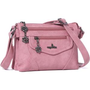 Angel Kiss Small Crossbody Bags for Women, Multi-Pocket Vegan Leather Purses, Lightweight Shoulder Bag with Adjustable Strap(Pink)