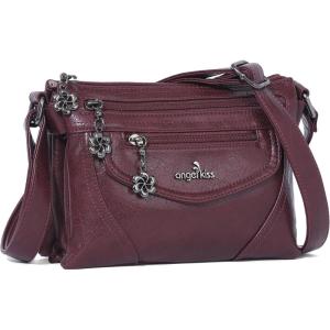Angel Kiss Small Crossbody Bags for Women, Multi-Pocket Vegan Leather Purses, Lightweight Shoulder Bag with Adjustable Strap(Wine)