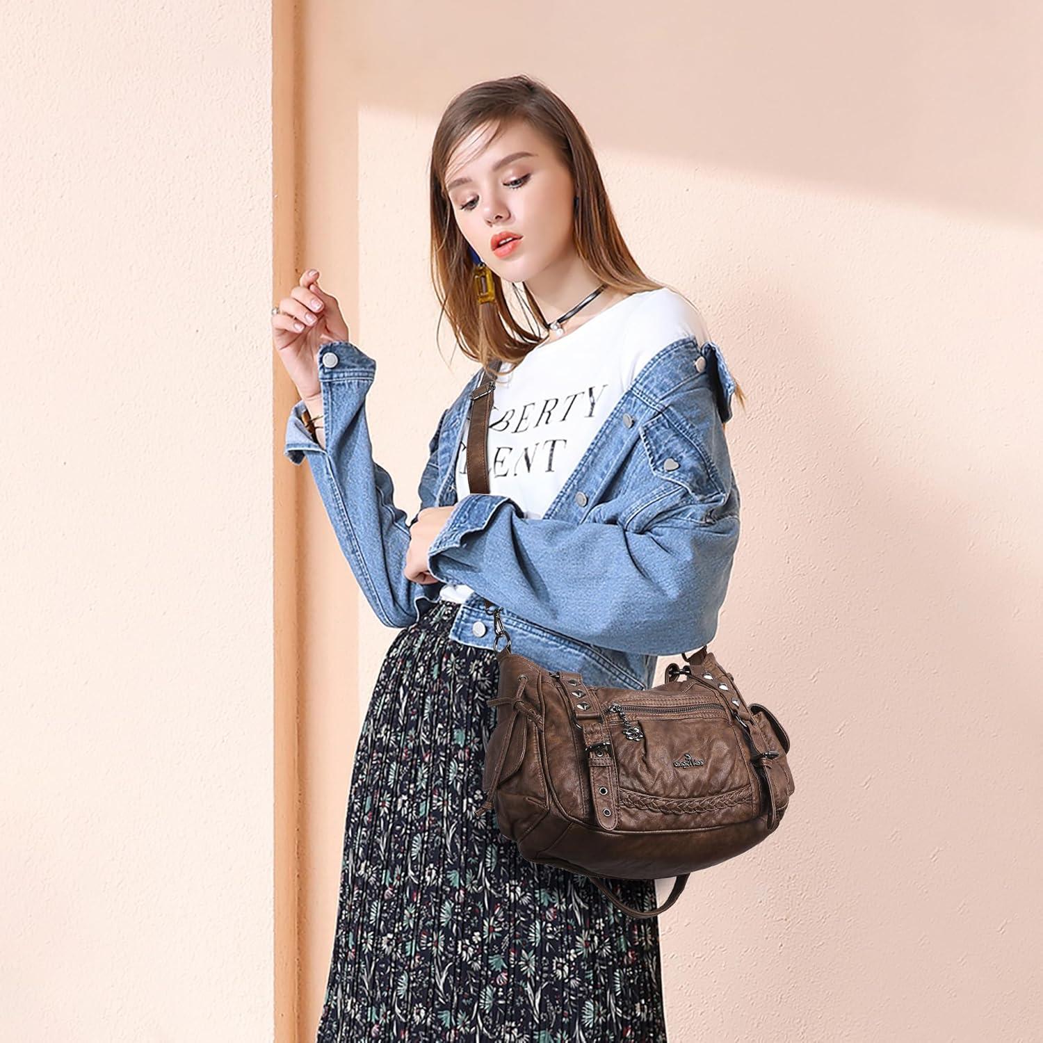 imageAngel Kiss Shoulder Bag For Women Multi Pocket Retro Hobo Handbags Satchel Tote BagCoffee 1