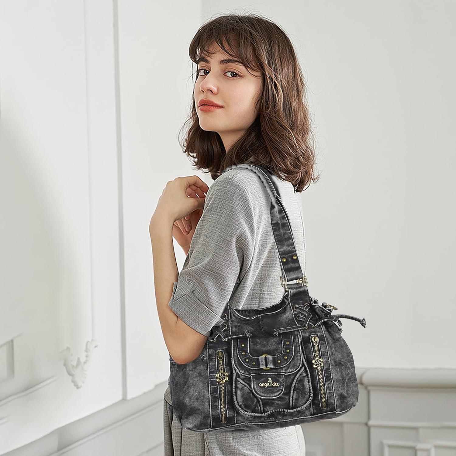 imageAngel Kiss Small hobo Bags for Women Retro Washed Leather Shoulder Handbag Roomy Top Handles Purses With Removable StrapBlack