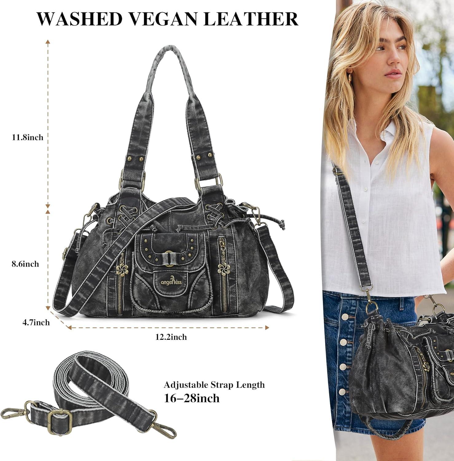 imageAngel Kiss Small hobo Bags for Women Retro Washed Leather Shoulder Handbag Roomy Top Handles Purses With Removable StrapBlack