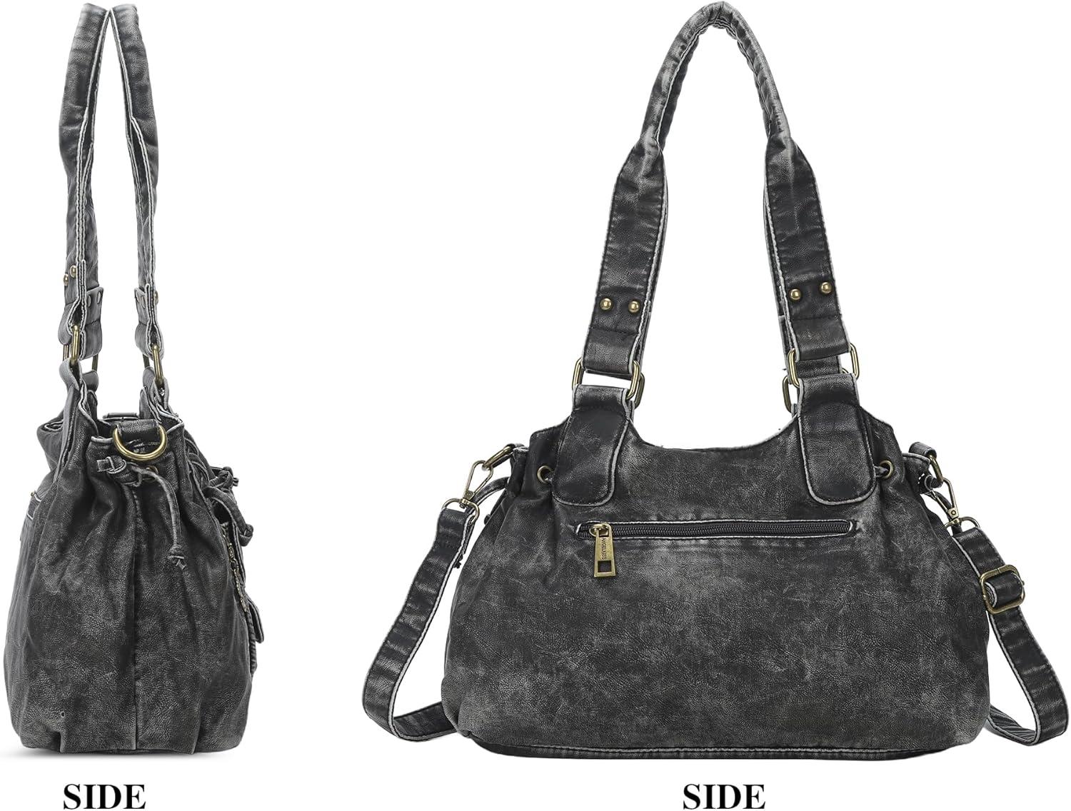 imageAngel Kiss Small hobo Bags for Women Retro Washed Leather Shoulder Handbag Roomy Top Handles Purses With Removable StrapBlack
