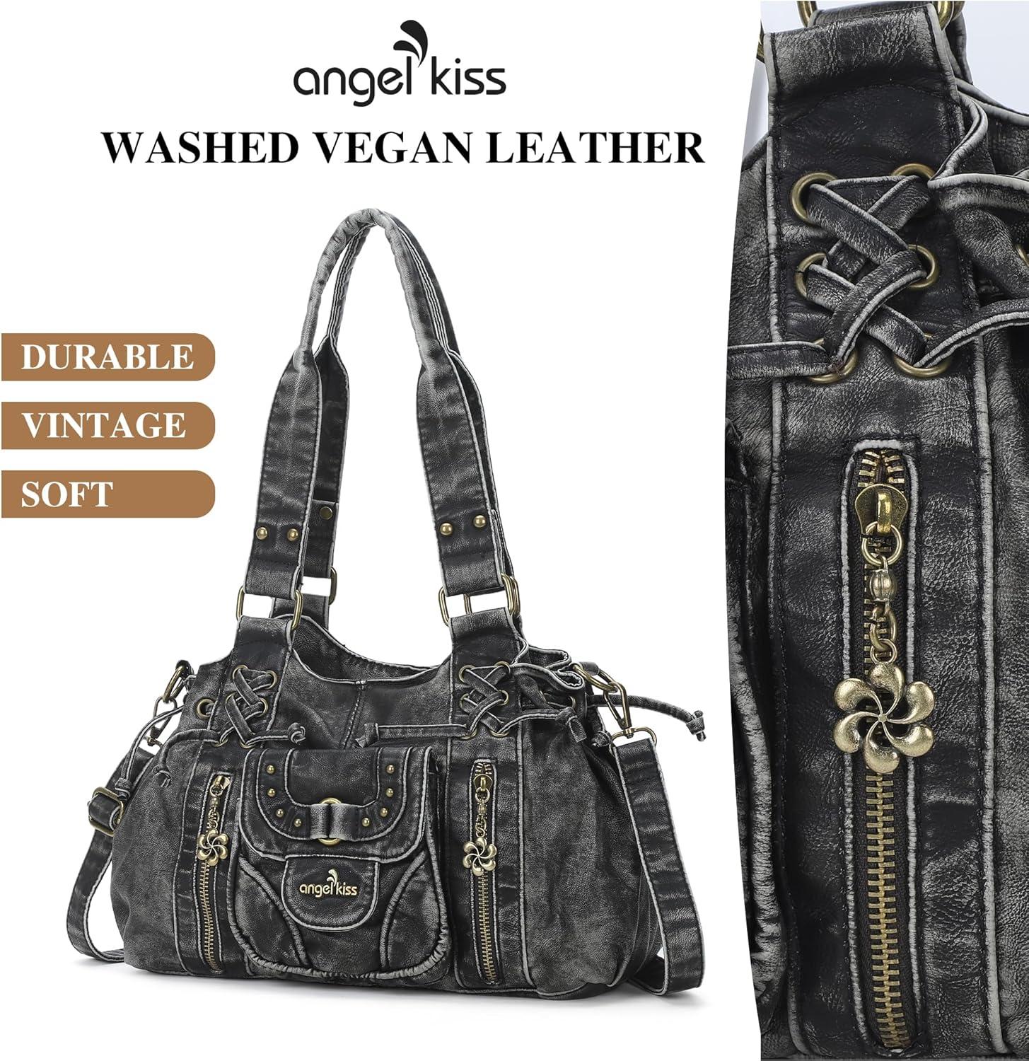 imageAngel Kiss Small hobo Bags for Women Retro Washed Leather Shoulder Handbag Roomy Top Handles Purses With Removable StrapBlack