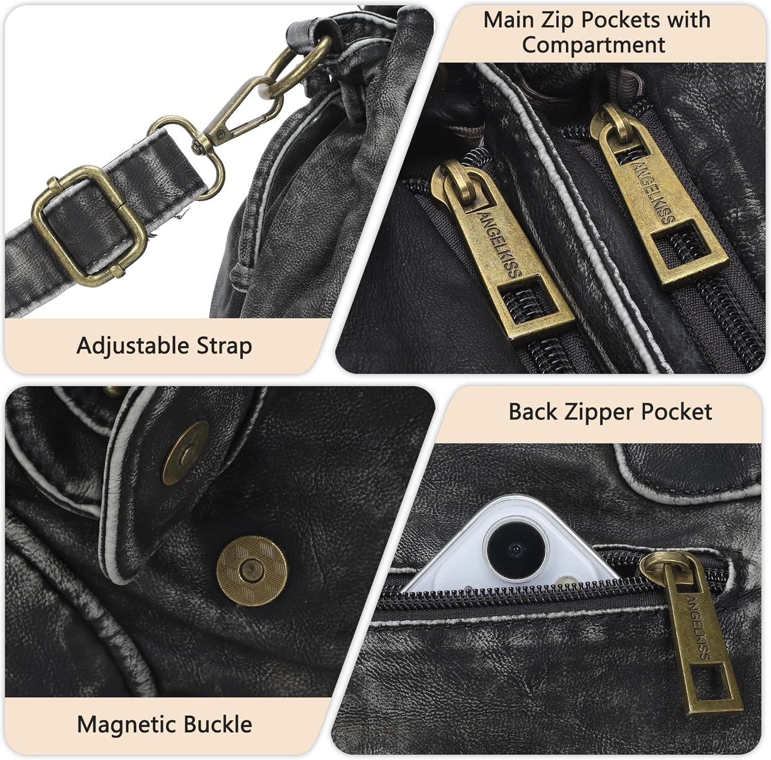 imageAngel Kiss Small hobo Bags for Women Retro Washed Leather Shoulder Handbag Roomy Top Handles Purses With Removable StrapBlack