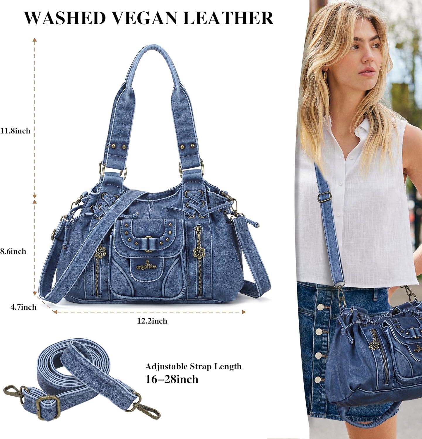 imageAngel Kiss Small hobo Bags for Women Retro Washed Leather Shoulder Handbag Roomy Top Handles Purses With Removable StrapBlue