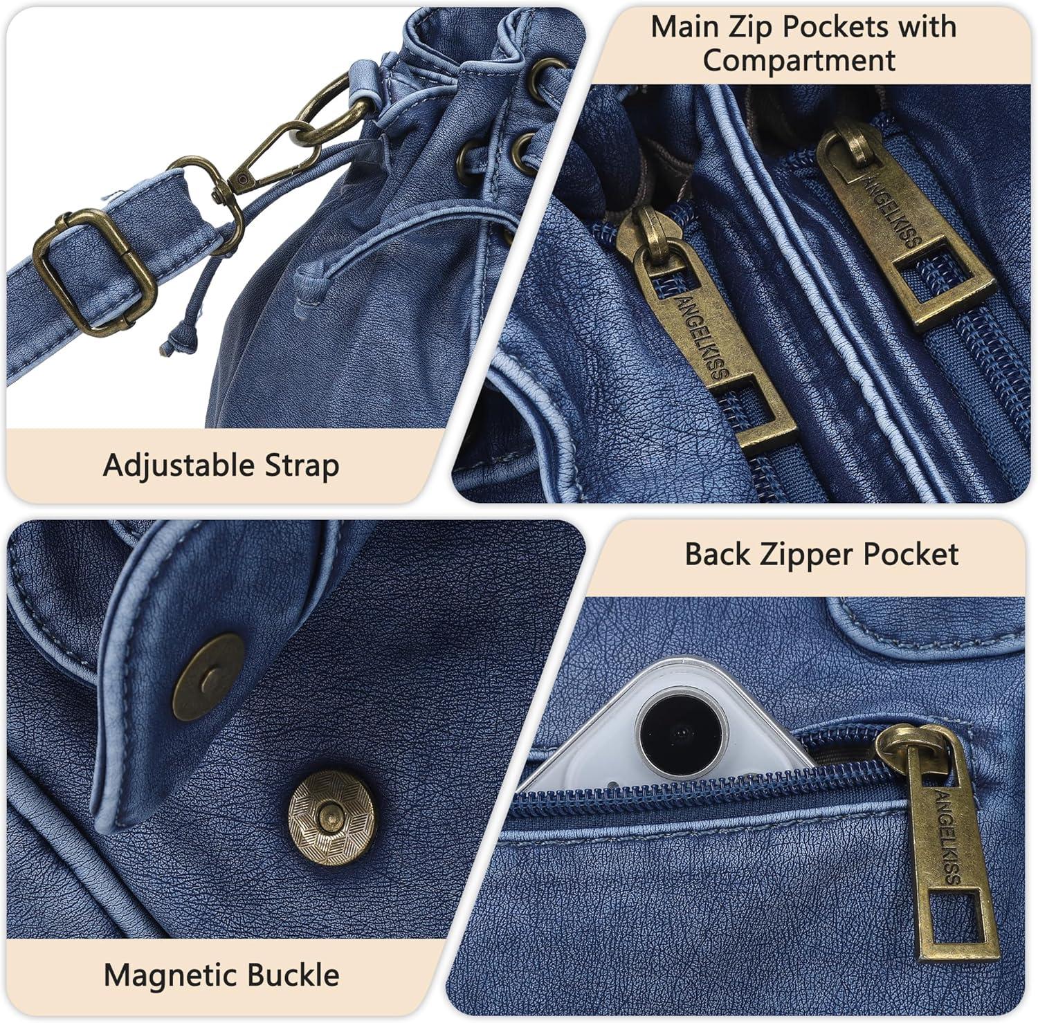 imageAngel Kiss Small hobo Bags for Women Retro Washed Leather Shoulder Handbag Roomy Top Handles Purses With Removable StrapBlue