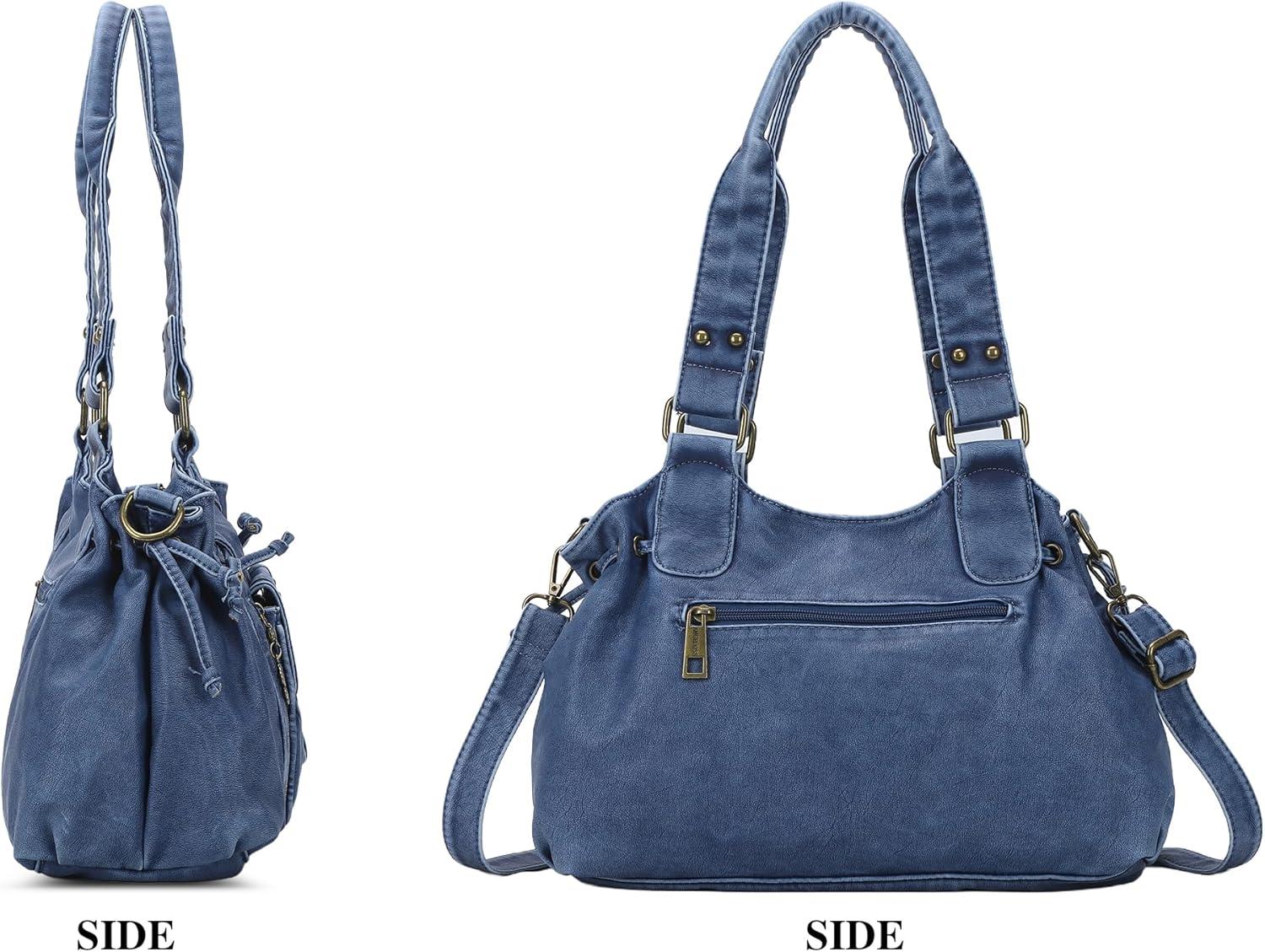 imageAngel Kiss Small hobo Bags for Women Retro Washed Leather Shoulder Handbag Roomy Top Handles Purses With Removable StrapBlue