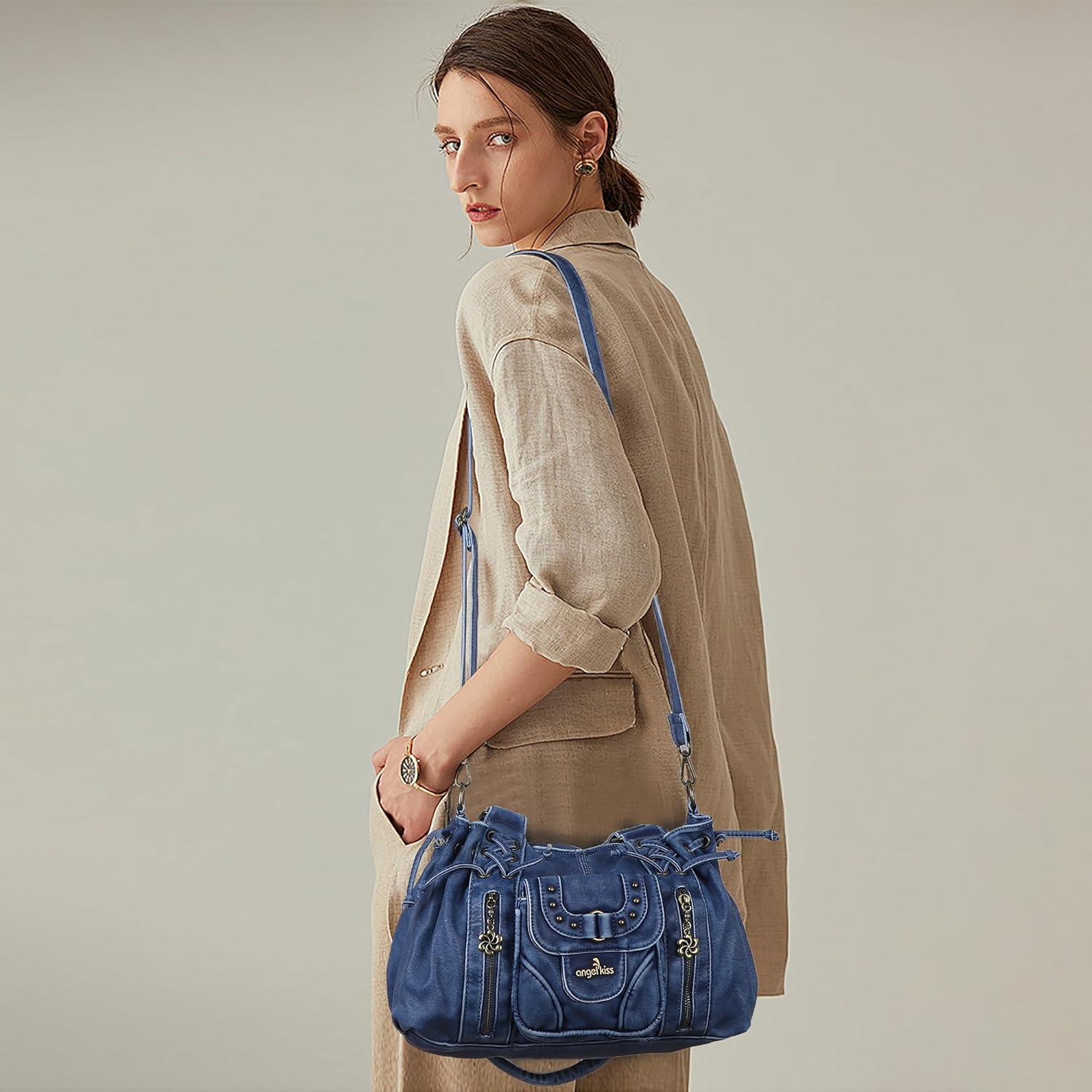 imageAngel Kiss Small hobo Bags for Women Retro Washed Leather Shoulder Handbag Roomy Top Handles Purses With Removable StrapBlue