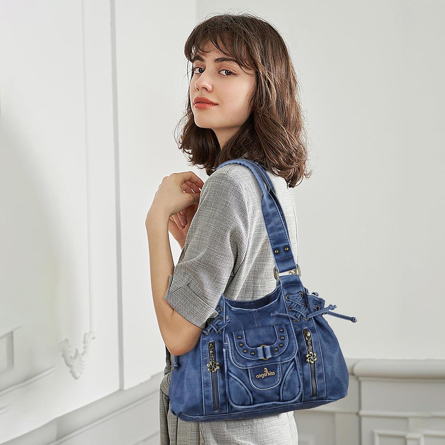 imageAngel Kiss Small hobo Bags for Women Retro Washed Leather Shoulder Handbag Roomy Top Handles Purses With Removable StrapBlue