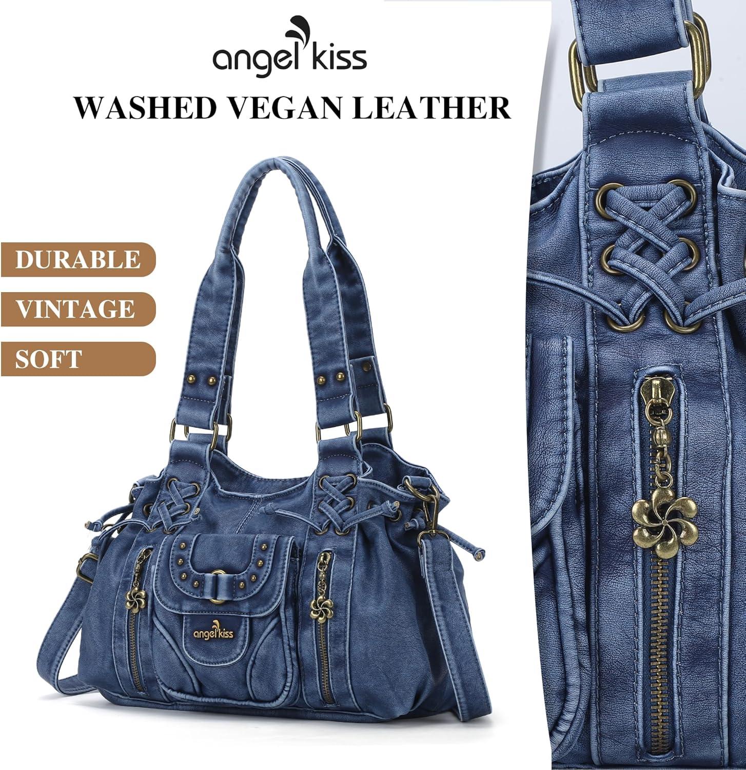 imageAngel Kiss Small hobo Bags for Women Retro Washed Leather Shoulder Handbag Roomy Top Handles Purses With Removable StrapBlue
