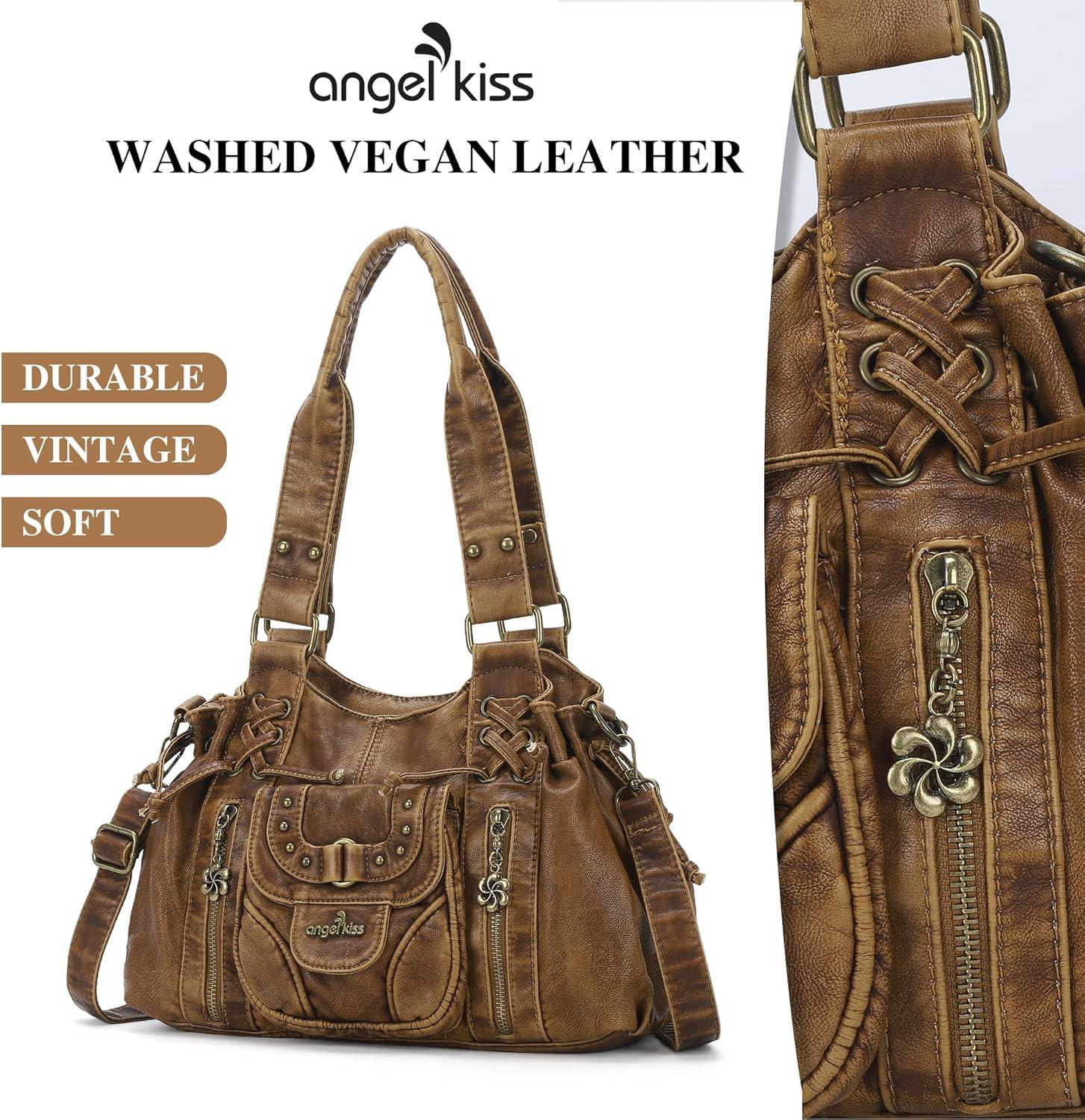 imageAngel Kiss Small hobo Bags for Women Retro Washed Leather Shoulder Handbag Roomy Top Handles Purses With Removable StrapBrown