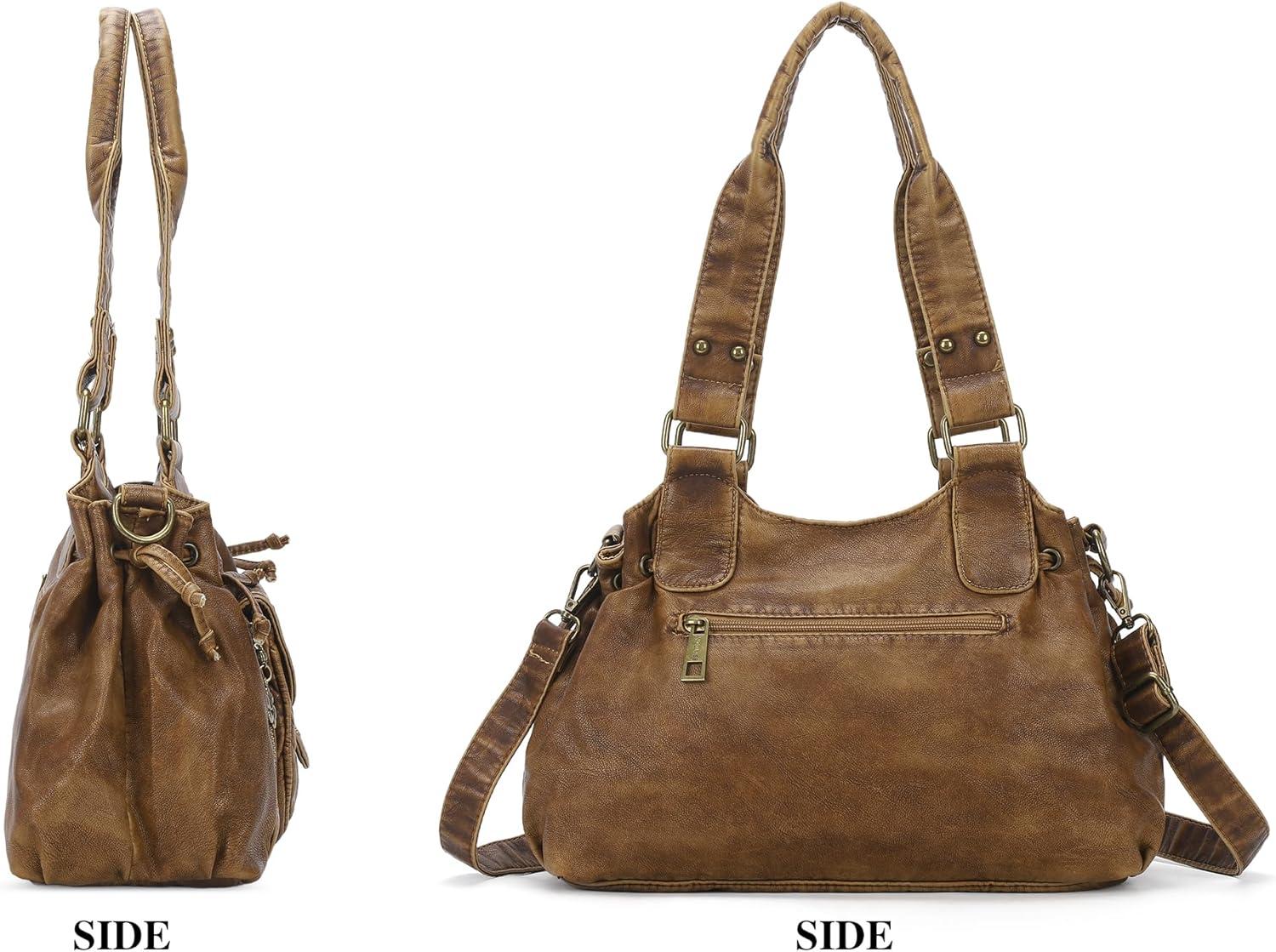 imageAngel Kiss Small hobo Bags for Women Retro Washed Leather Shoulder Handbag Roomy Top Handles Purses With Removable StrapBrown