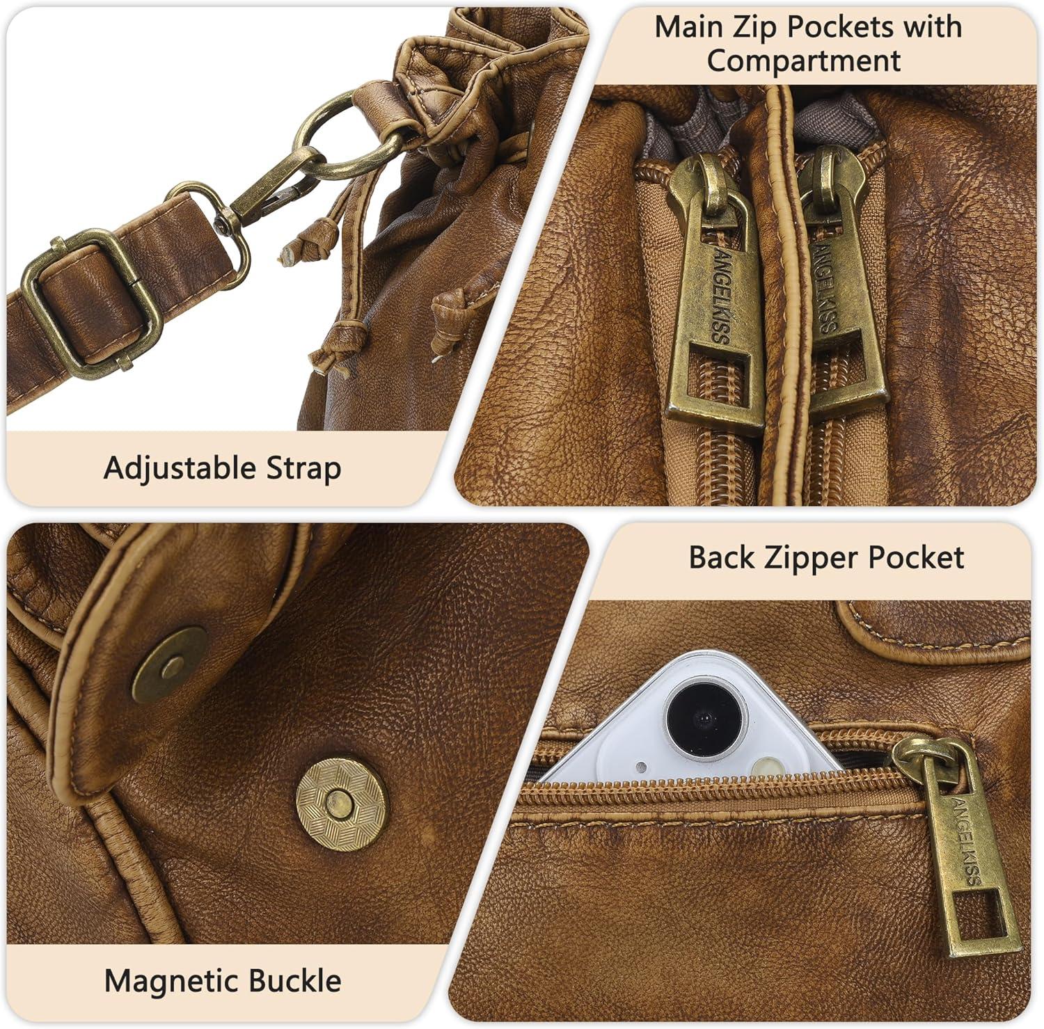 imageAngel Kiss Small hobo Bags for Women Retro Washed Leather Shoulder Handbag Roomy Top Handles Purses With Removable StrapBrown