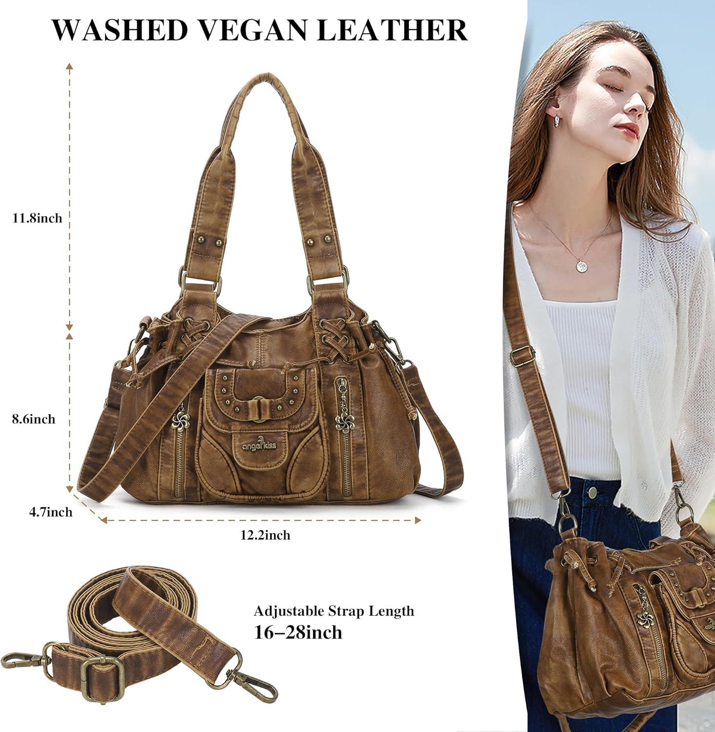 imageAngel Kiss Small hobo Bags for Women Retro Washed Leather Shoulder Handbag Roomy Top Handles Purses With Removable StrapBrown