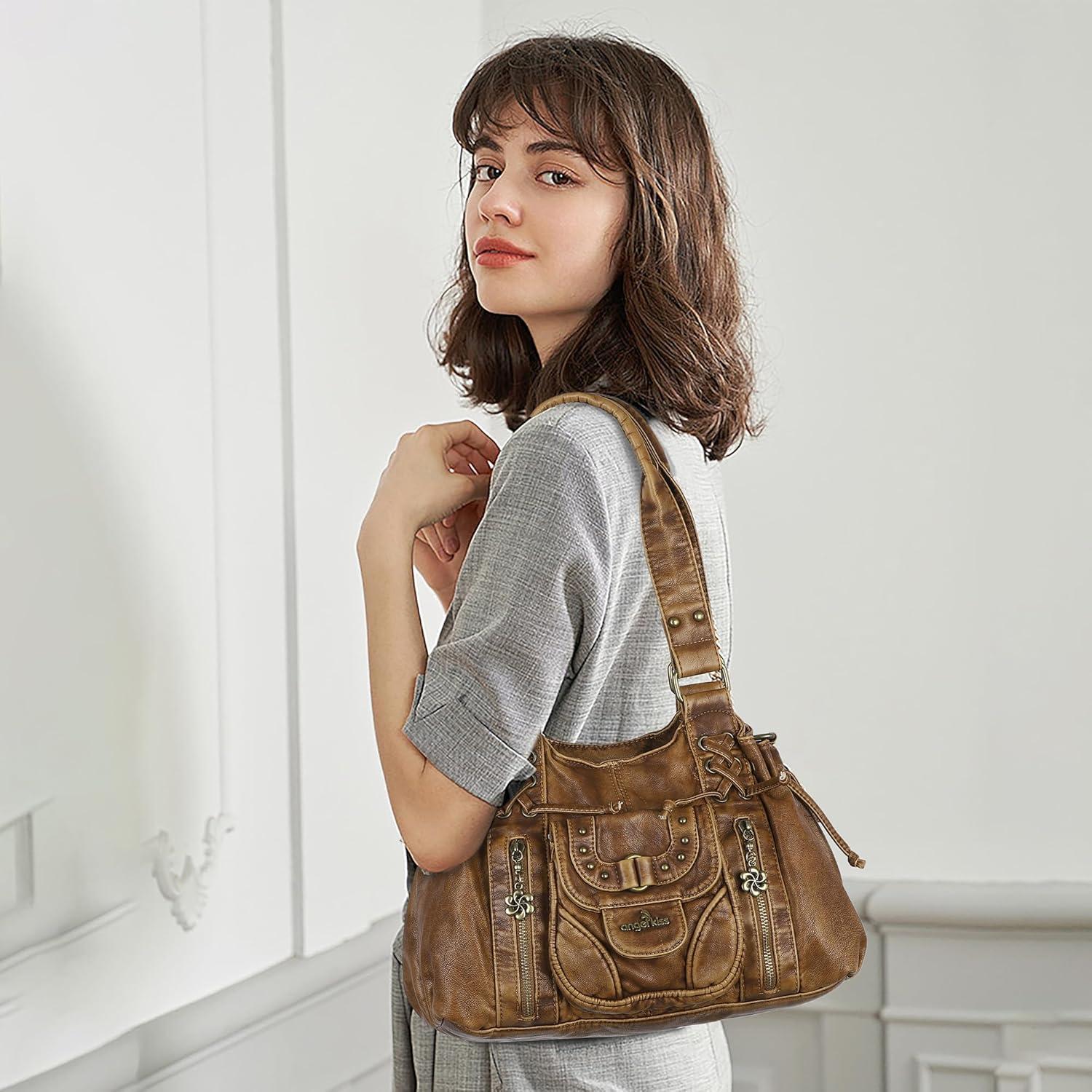 imageAngel Kiss Small hobo Bags for Women Retro Washed Leather Shoulder Handbag Roomy Top Handles Purses With Removable StrapBrown