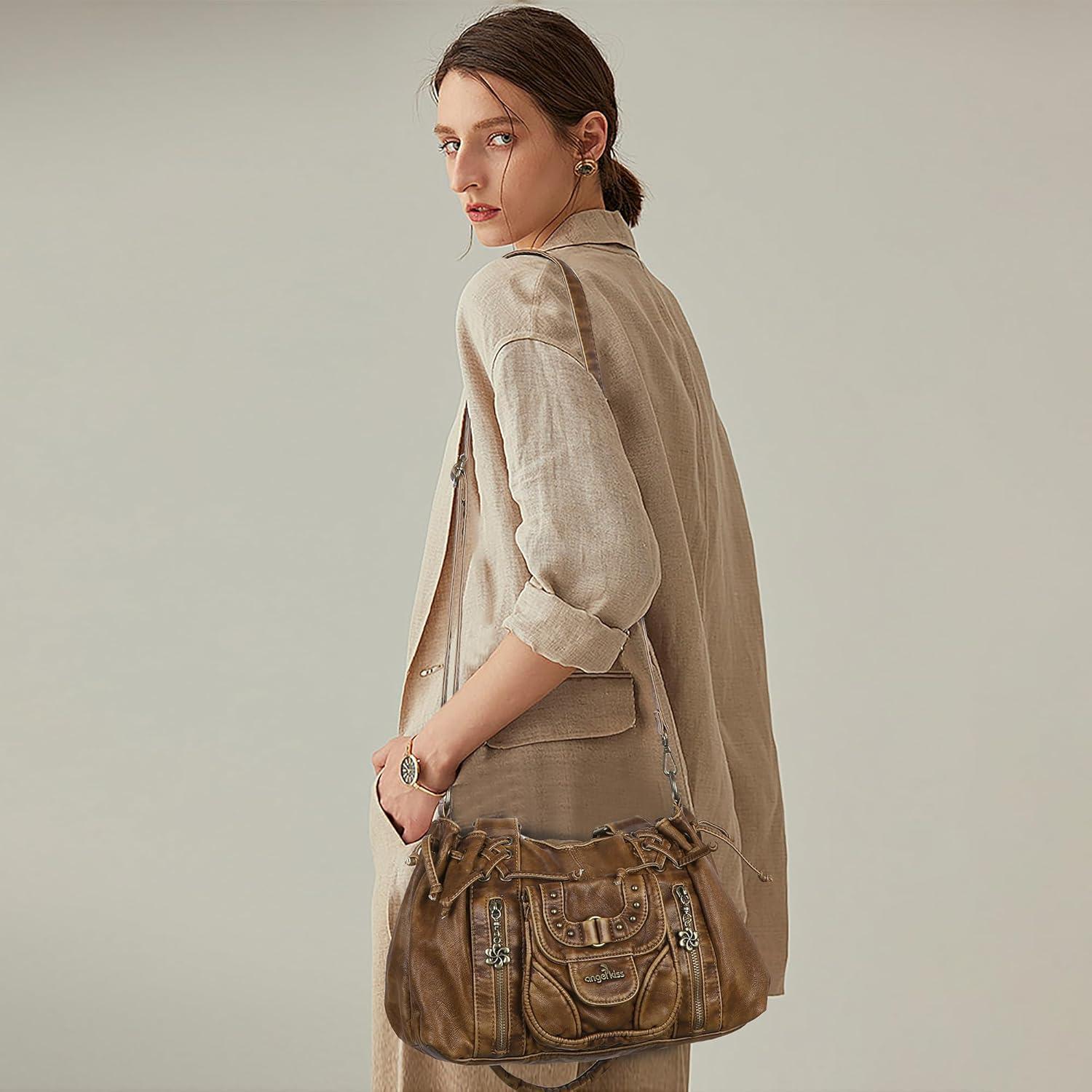 imageAngel Kiss Small hobo Bags for Women Retro Washed Leather Shoulder Handbag Roomy Top Handles Purses With Removable StrapBrown