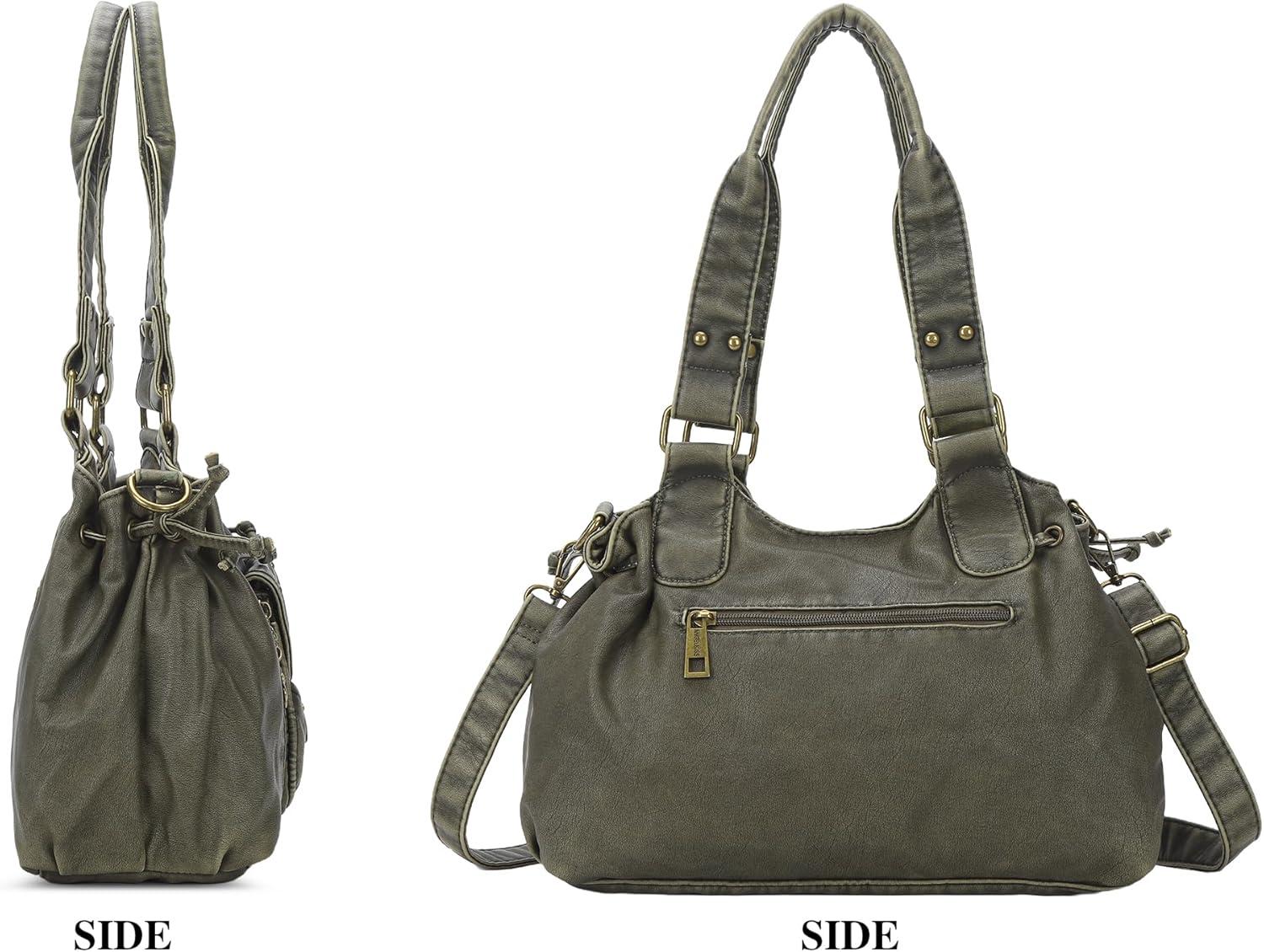 imageAngel Kiss Small hobo Bags for Women Retro Washed Leather Shoulder Handbag Roomy Top Handles Purses With Removable StrapGreen